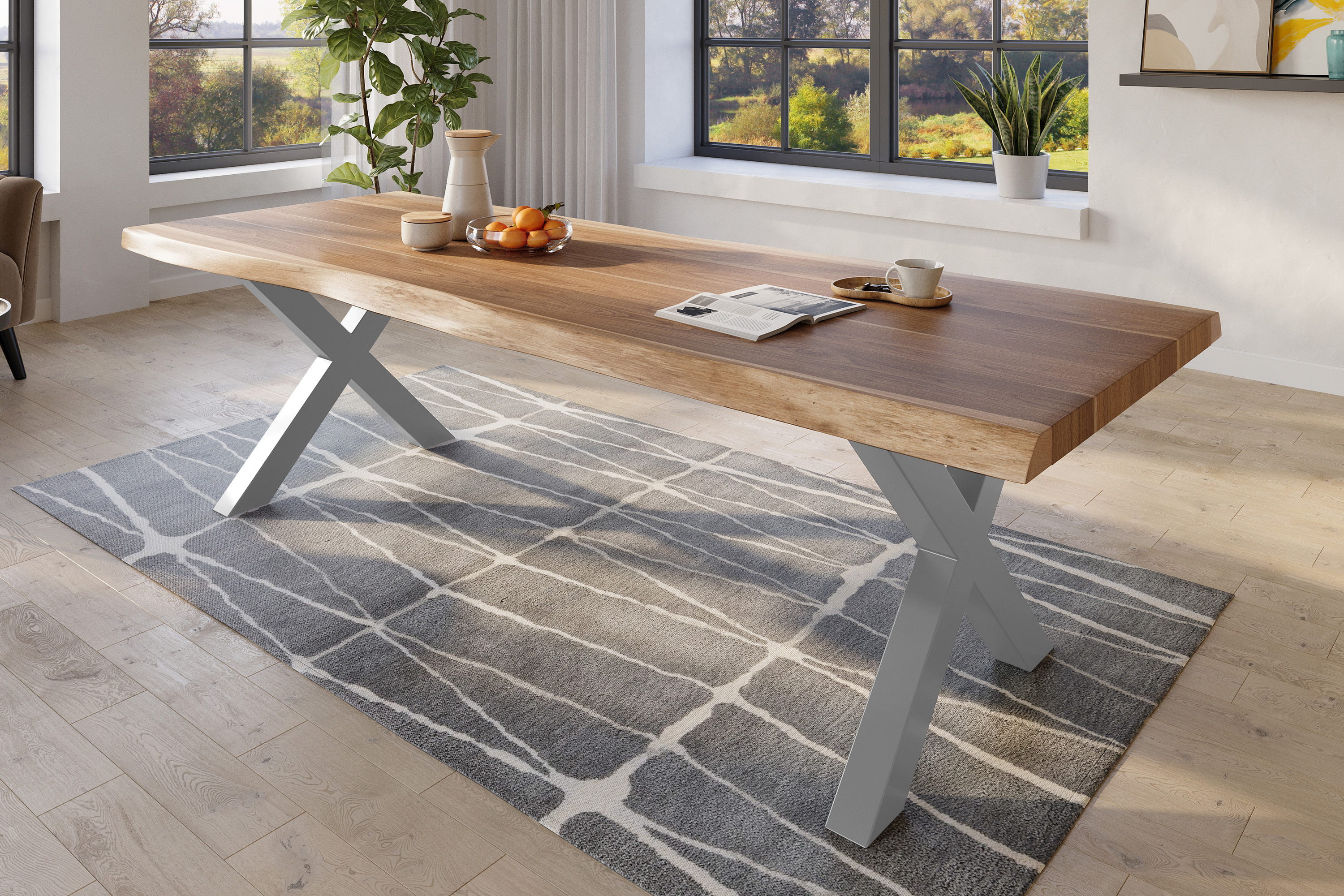 Esstisch Baumkante massiv Akazie natur 260 x 120 X-Gestell Metall silber TITAN