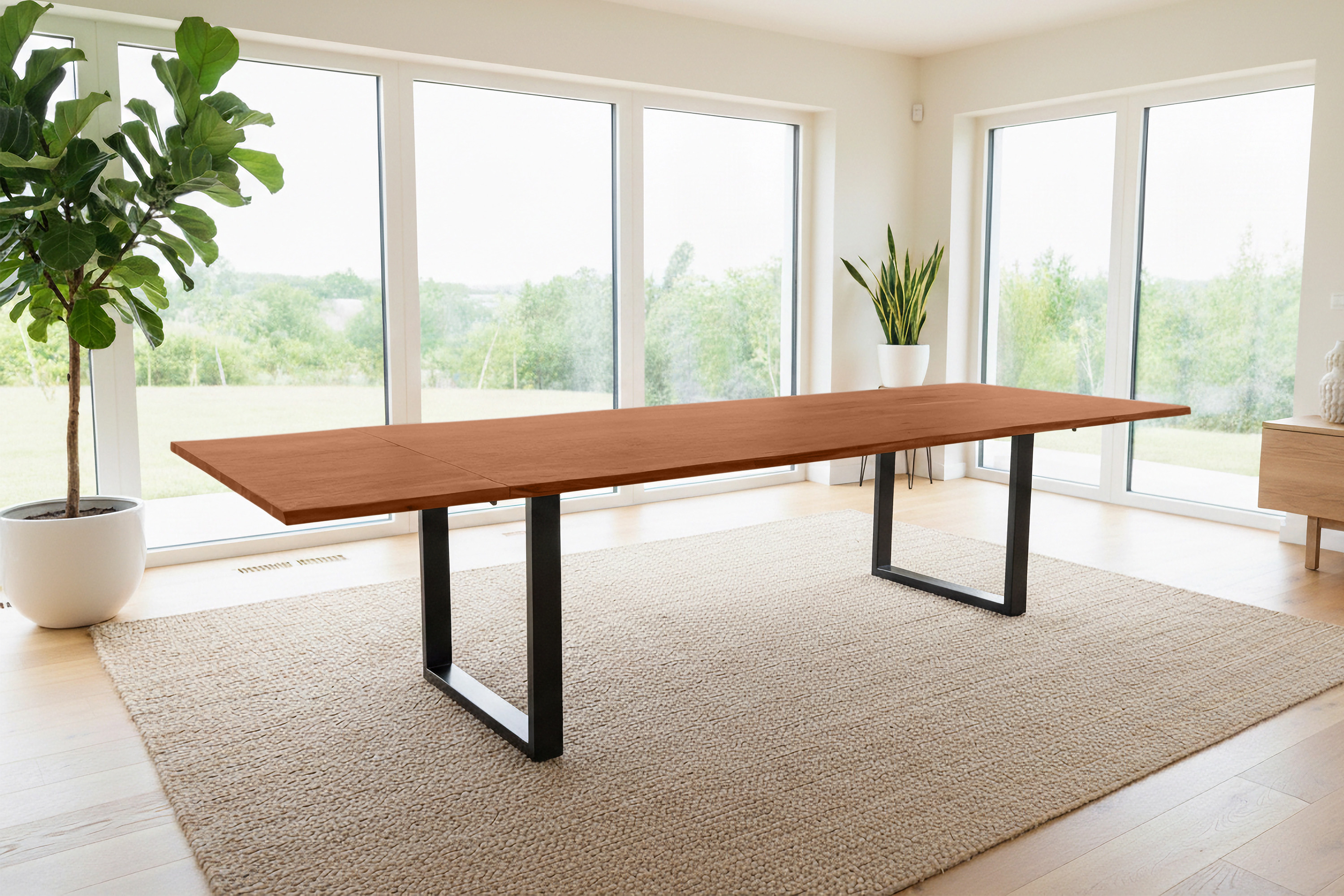 Esstisch Baumkante Akazie nuss 200(300)x100 Ansteckplatten U-Gestell schwarz AVINO