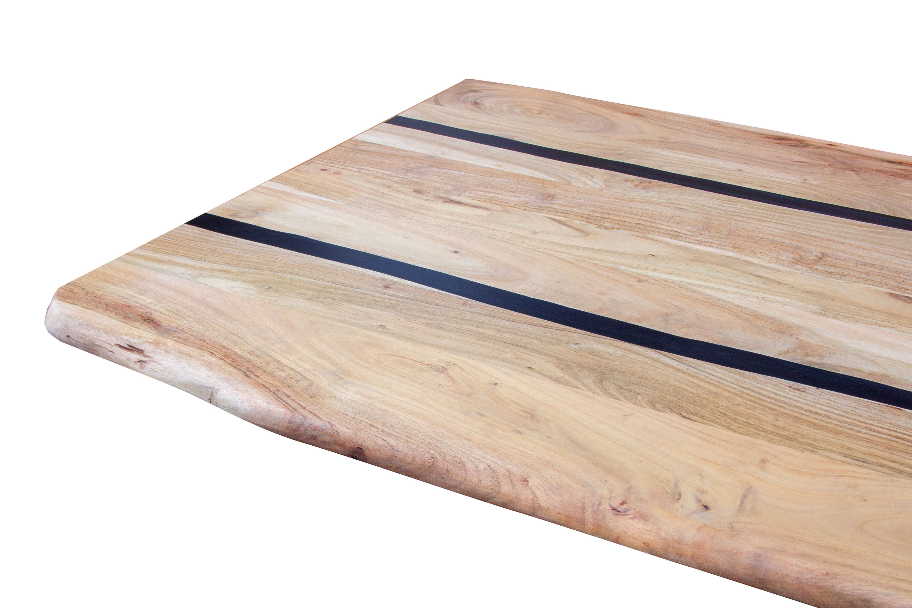 Esstisch 220 x 100 cm Akazie massiv natur mit schwarzen Resin-Adern Spider-Gestell Holz natur PETER