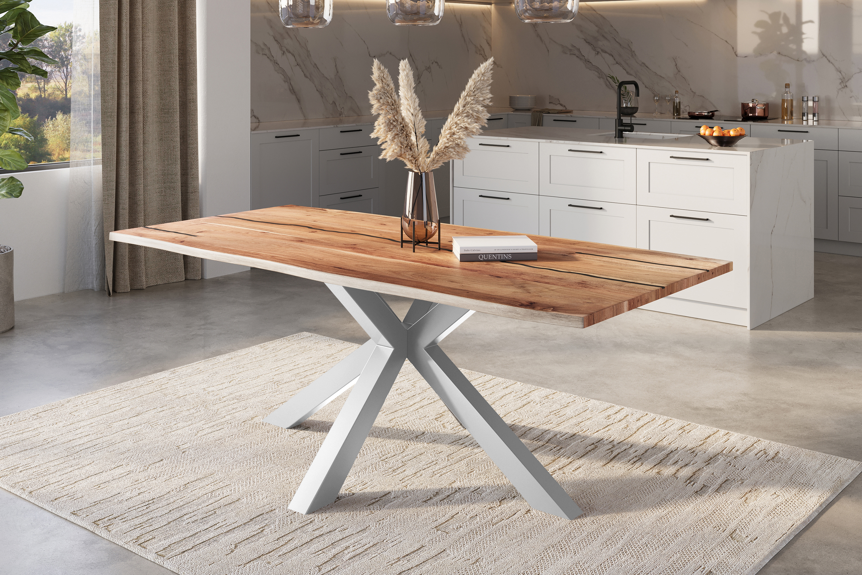 Baumkantentisch Akazie mit schwarzen Resin-Adern naturfarben 240 x 100 cm Spider-Gestell silber POLLY