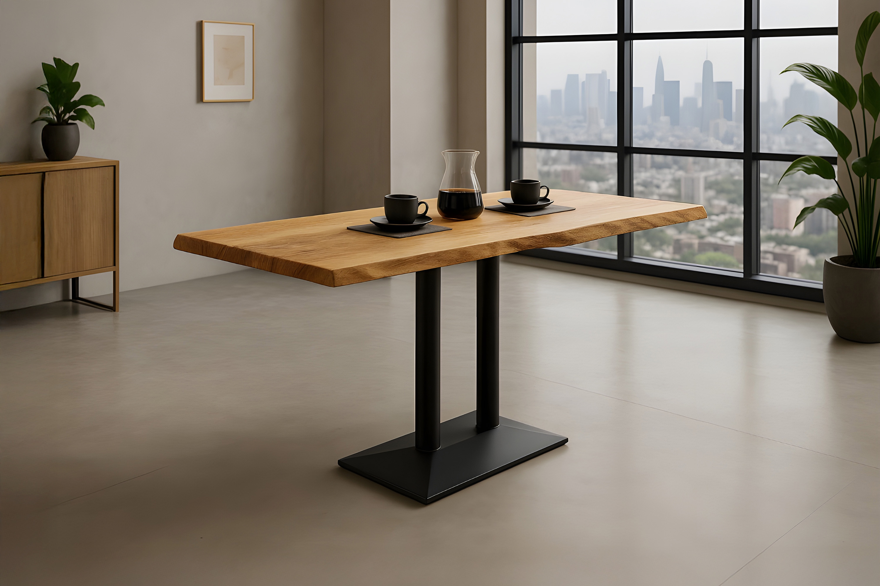 Bistrotisch Baumkante massiv 120 x 60 cm naturfarben Mango Doppelsäulengestell schwarz ISLA