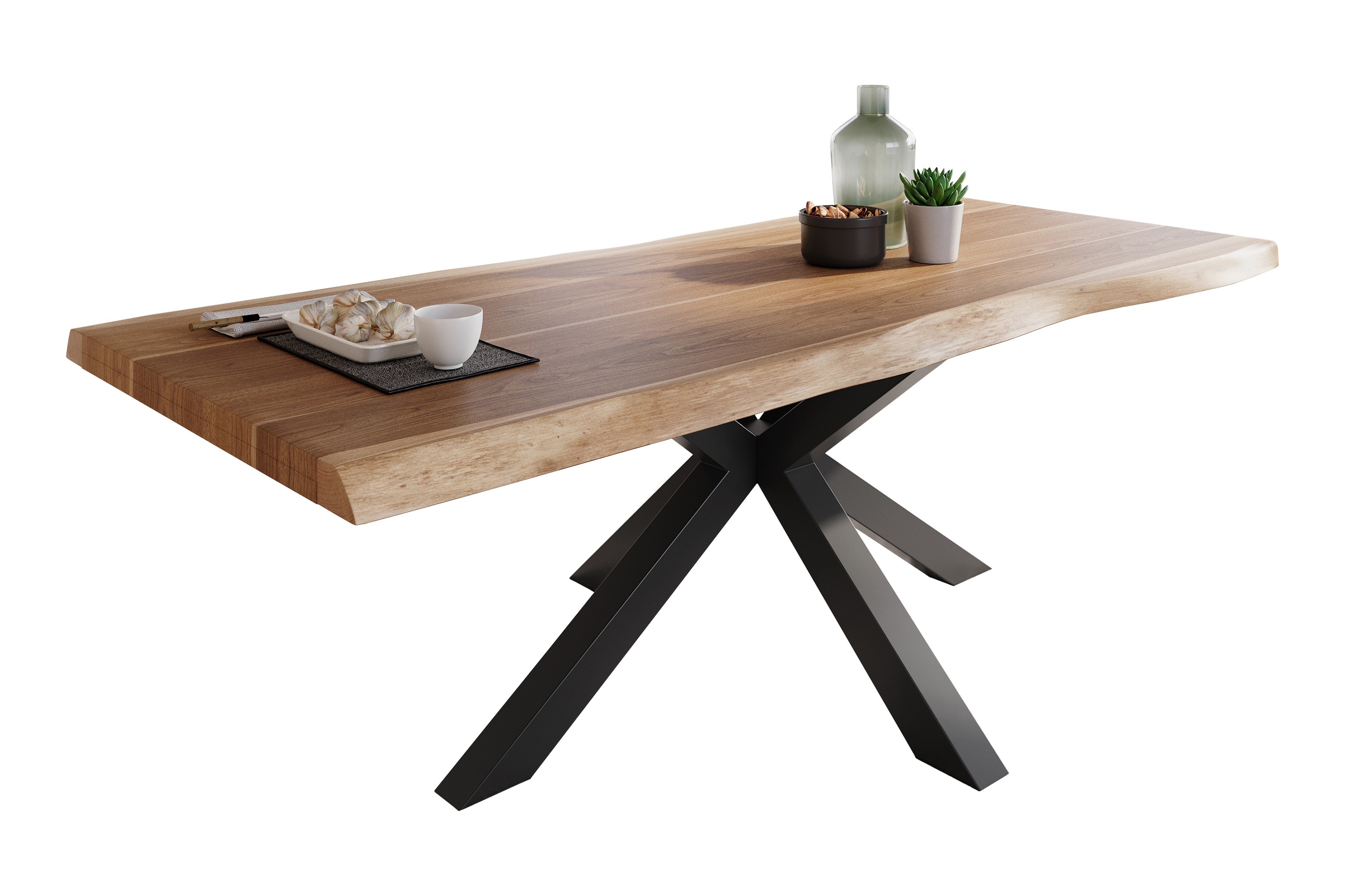 Esstisch Baumkante massiv Akazie natur 220 x 100 Spider-Gestell schwarz ATLAS