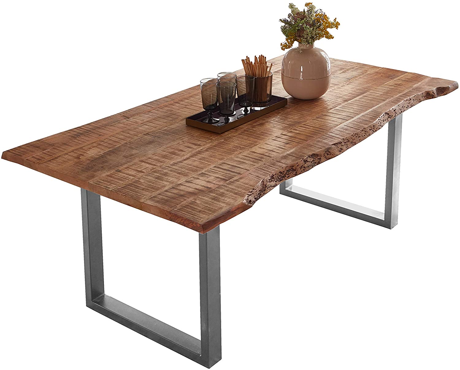 Essgruppe 180 cm Mango naturfarben U-Gestell silber mit 6 Stühlen NORINA