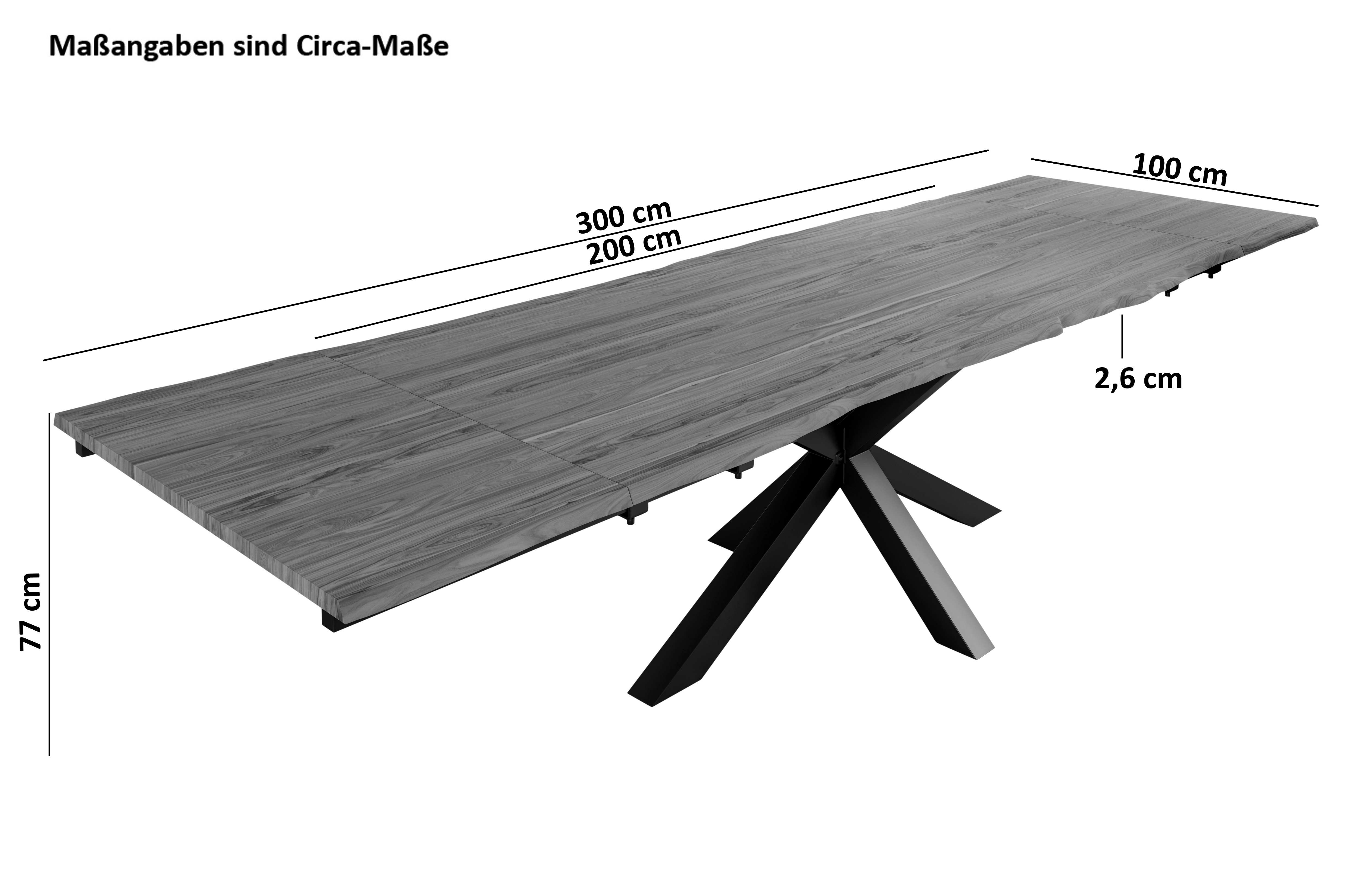 Baumkantentisch Akazie nougatfarben 200(300)x100 cm Ansteckplatten Spider-Gestell schwarz JANNIK Baumkantentisch Akazie nougatfarben 200(300)x100 cm Ansteckplatten Spider-Gestell schwarz JANNIK
