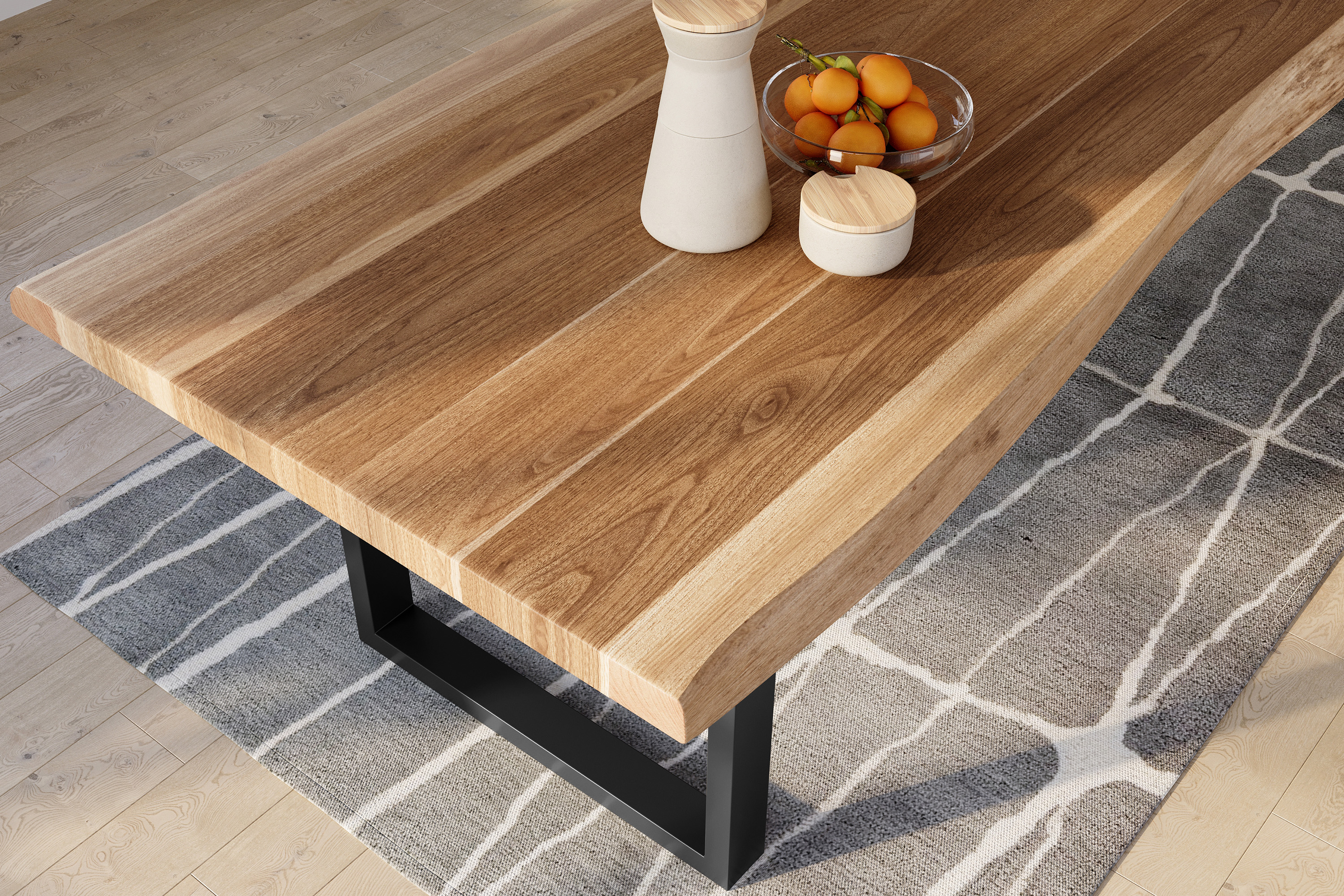 Esstisch Baumkante massiv Akazie natur 300 x 110 U-Gestell Metall schwarz TITAN