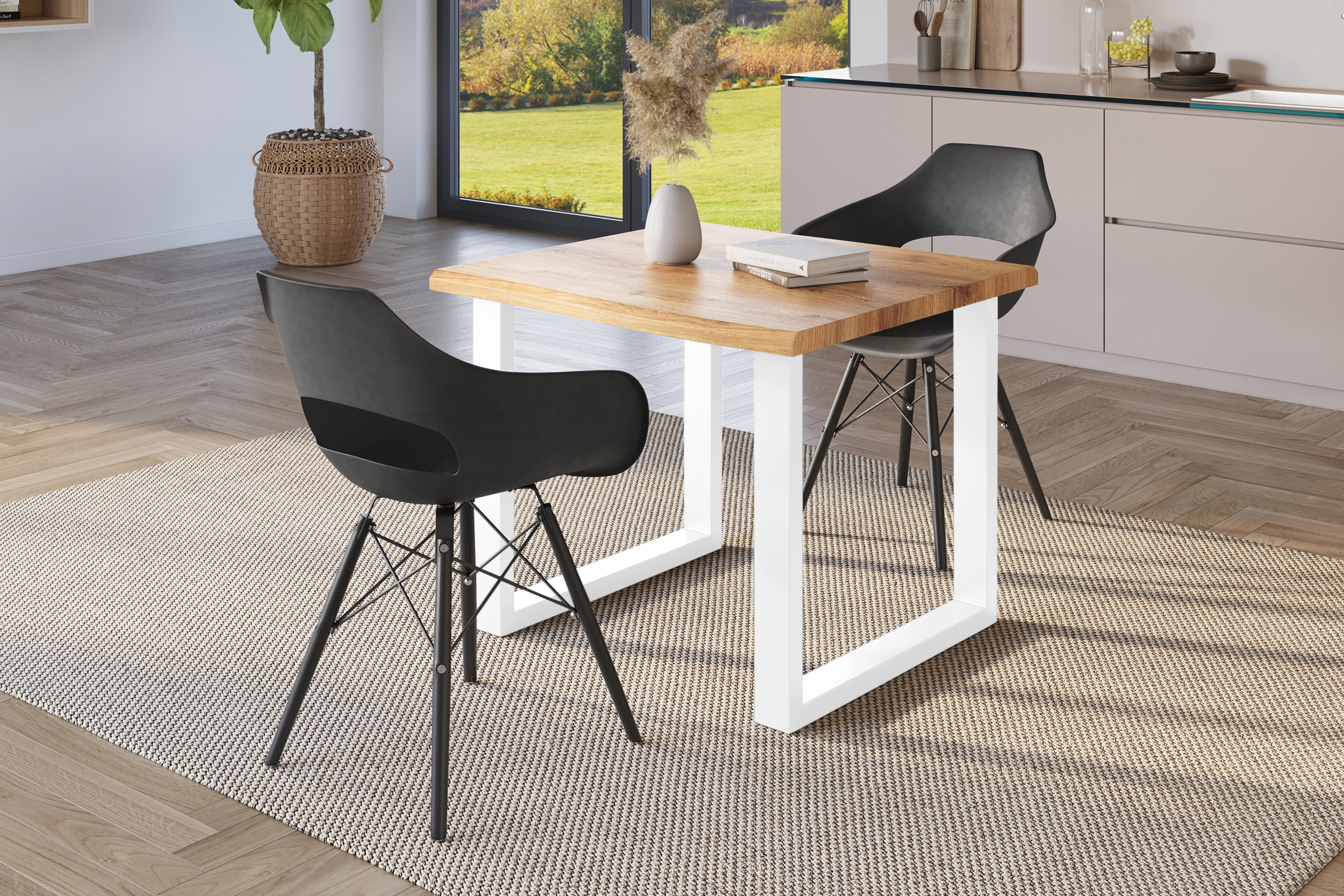Esstisch Baumkante Holz-Optik Wildeiche 80 x 80 U-Gestell weiß JULIUS