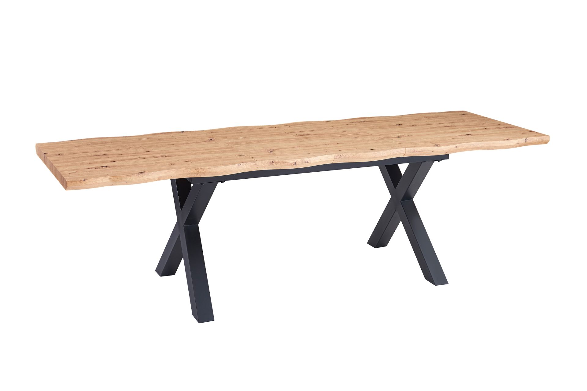 Esstisch Baumkante Holz Wildeiche-Optik 160(240) x 90 X-Gestell schwarz SWAN