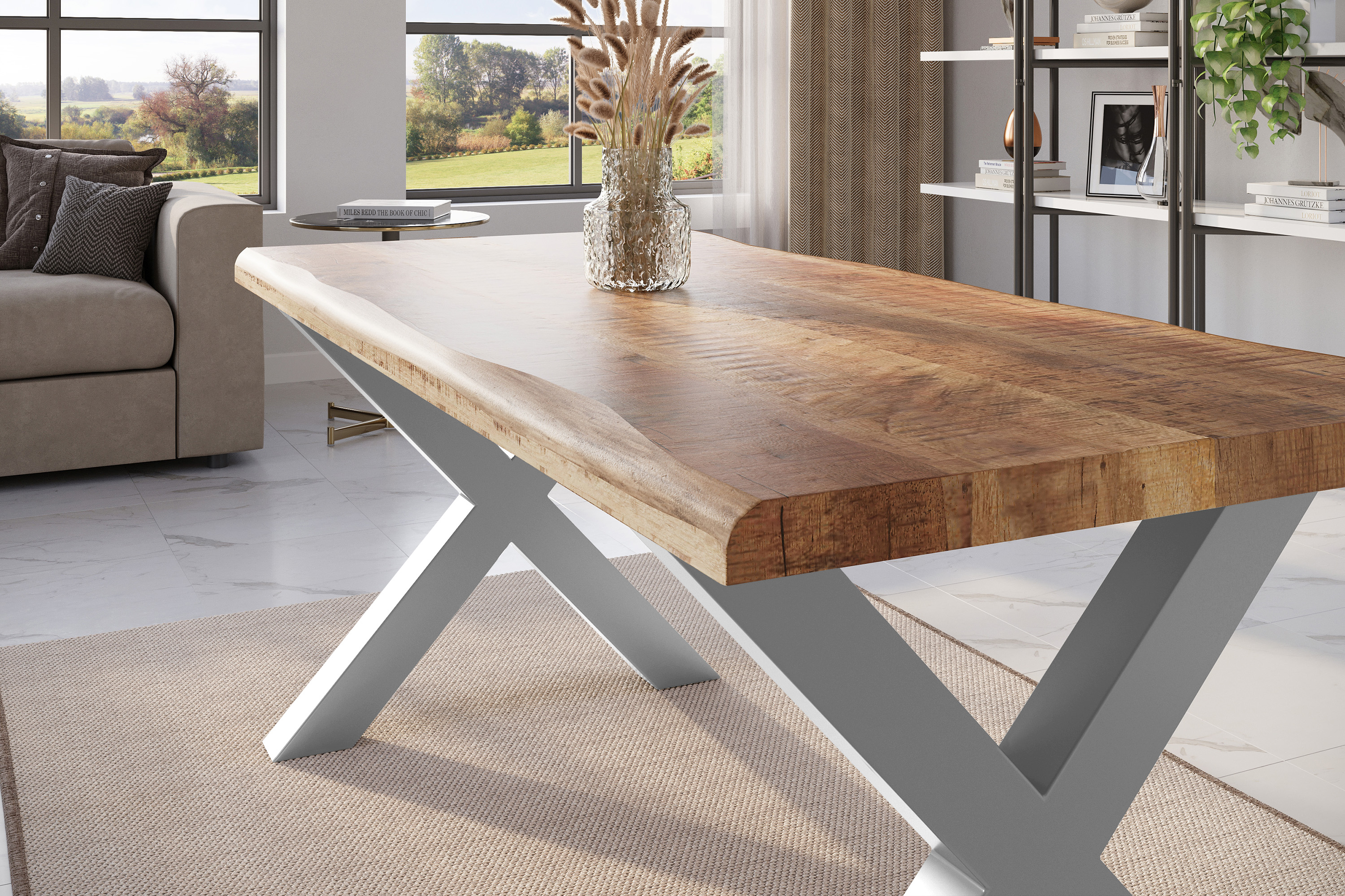 Esstisch Baumkante massiv Mango rough 180 x 90 X-Gestell silber ATLAS