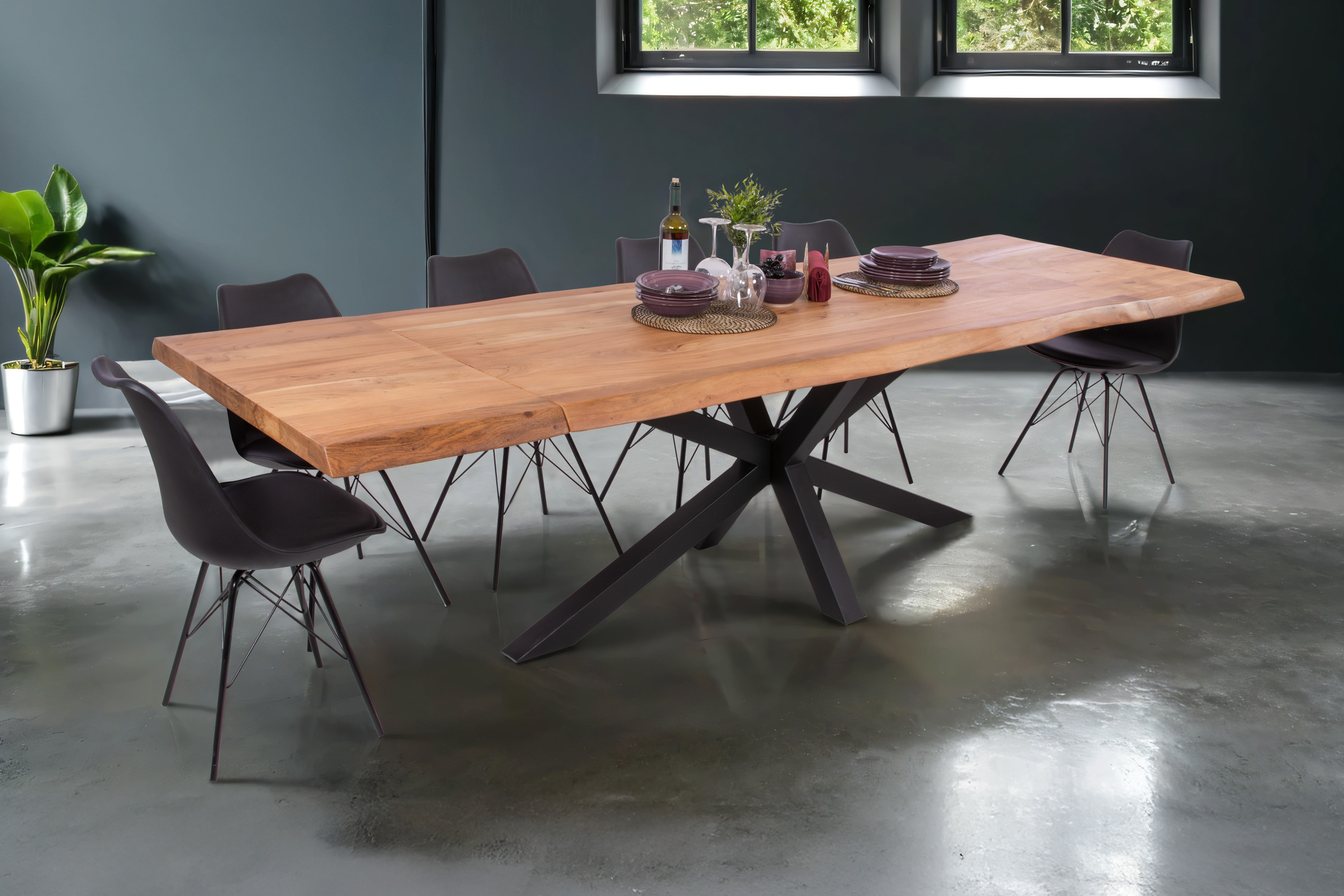 Esstisch Baumkante Akazie natur 160 (260) x 90 cm Spider-Gestell schwarz mit Ansteckplatten CALI