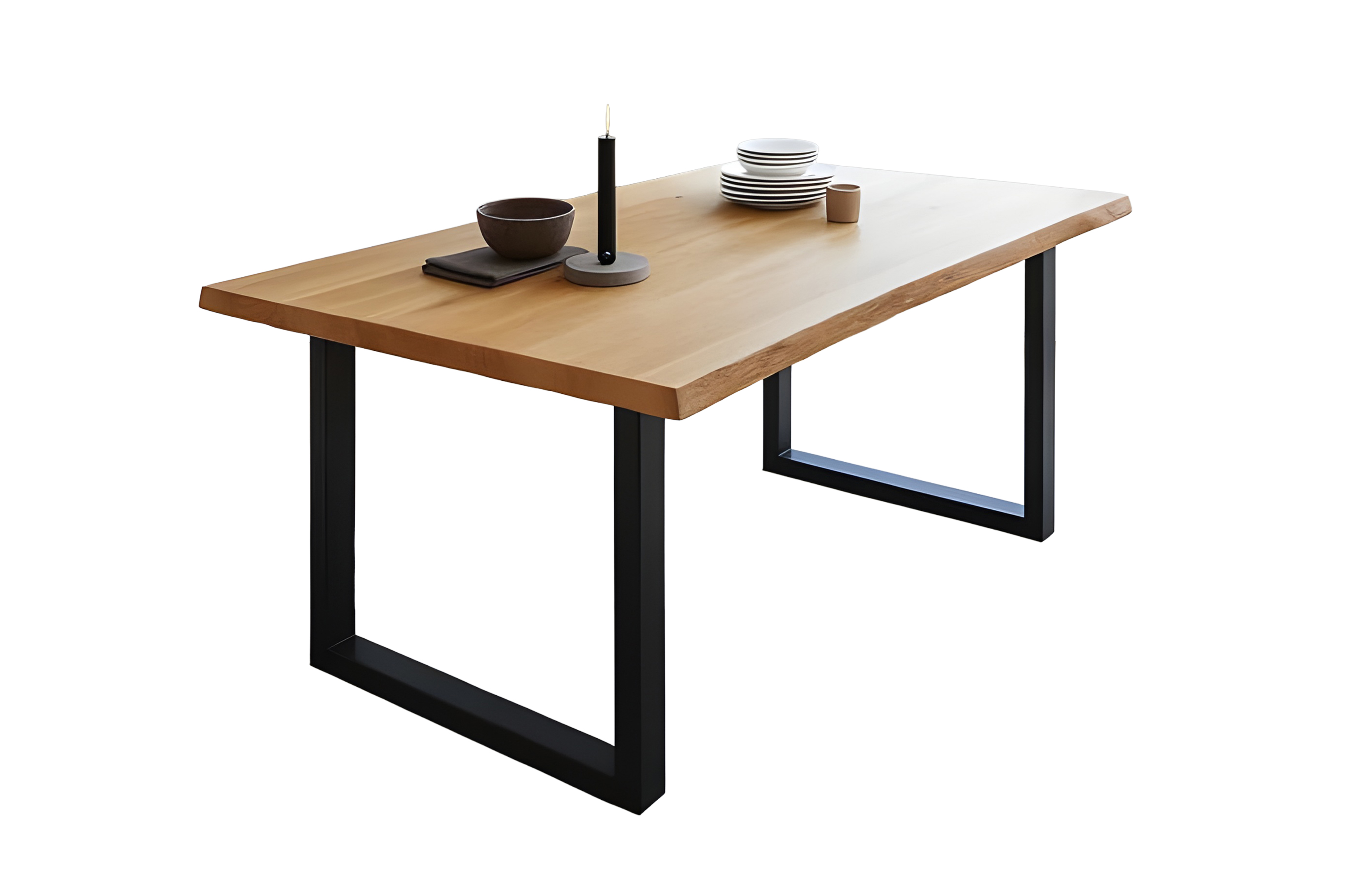 Essgruppe Baumkante massiv 220 x 100 cm Wildeiche U-Gestell schwarz & 6 Stühle grau SEATTLE