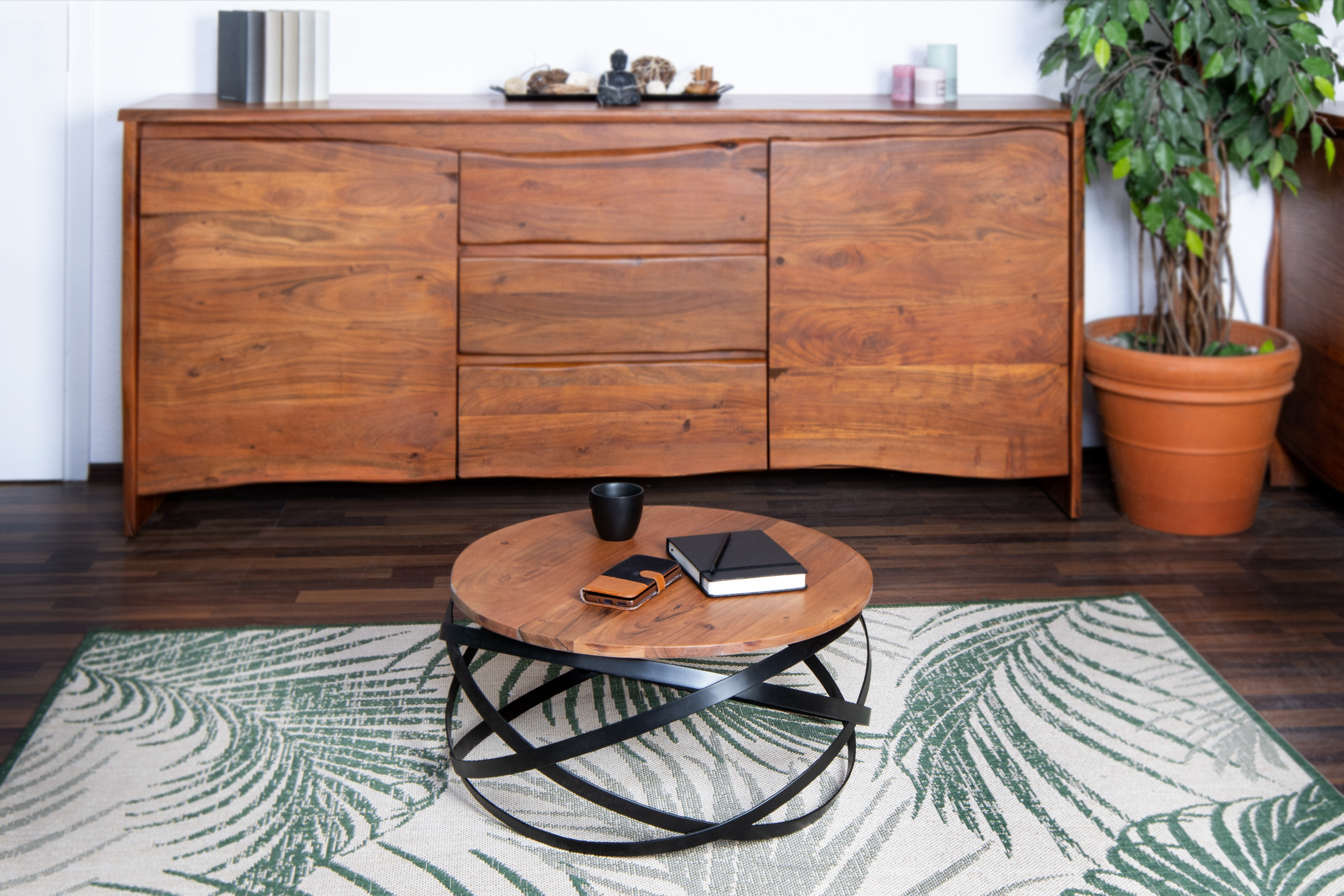 Couchtisch rund im Industrial-Design Akazie massiv 60 x 60 x 30 cm nussbaumfarben Allison