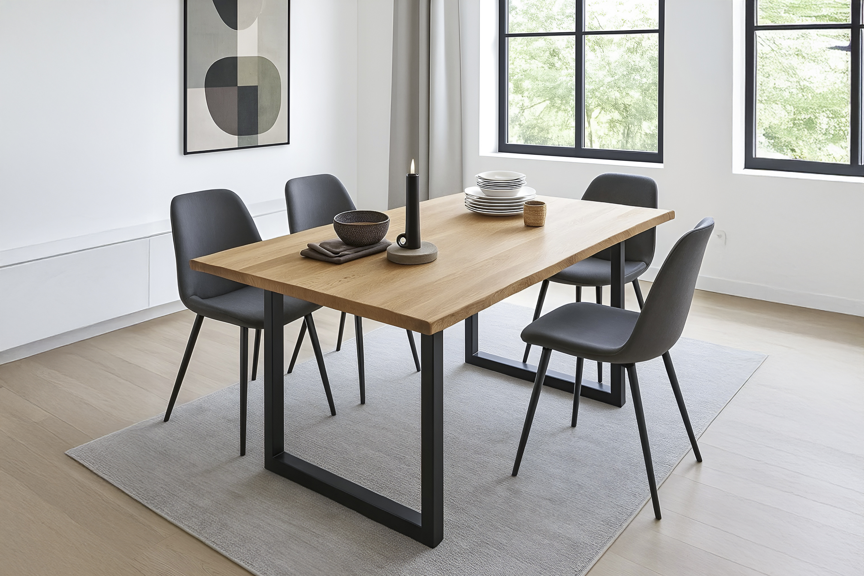 Esstisch Baumkante massiv Eiche geölt 220 x 100 cm U-Gestell schwarz SALVADOR