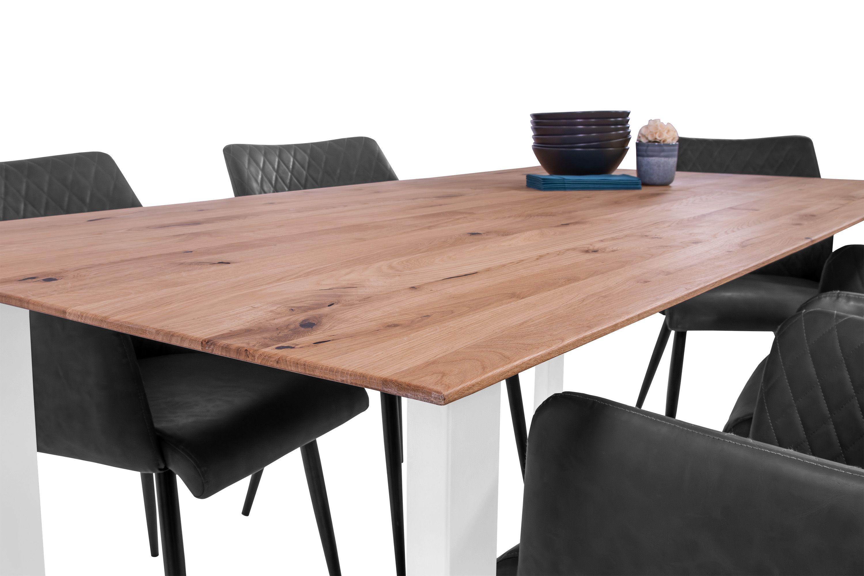 Esszimmertisch Schweizer Kante eckig massiv & geölt Eiche 160x85 weiß U-Gestell Lotte