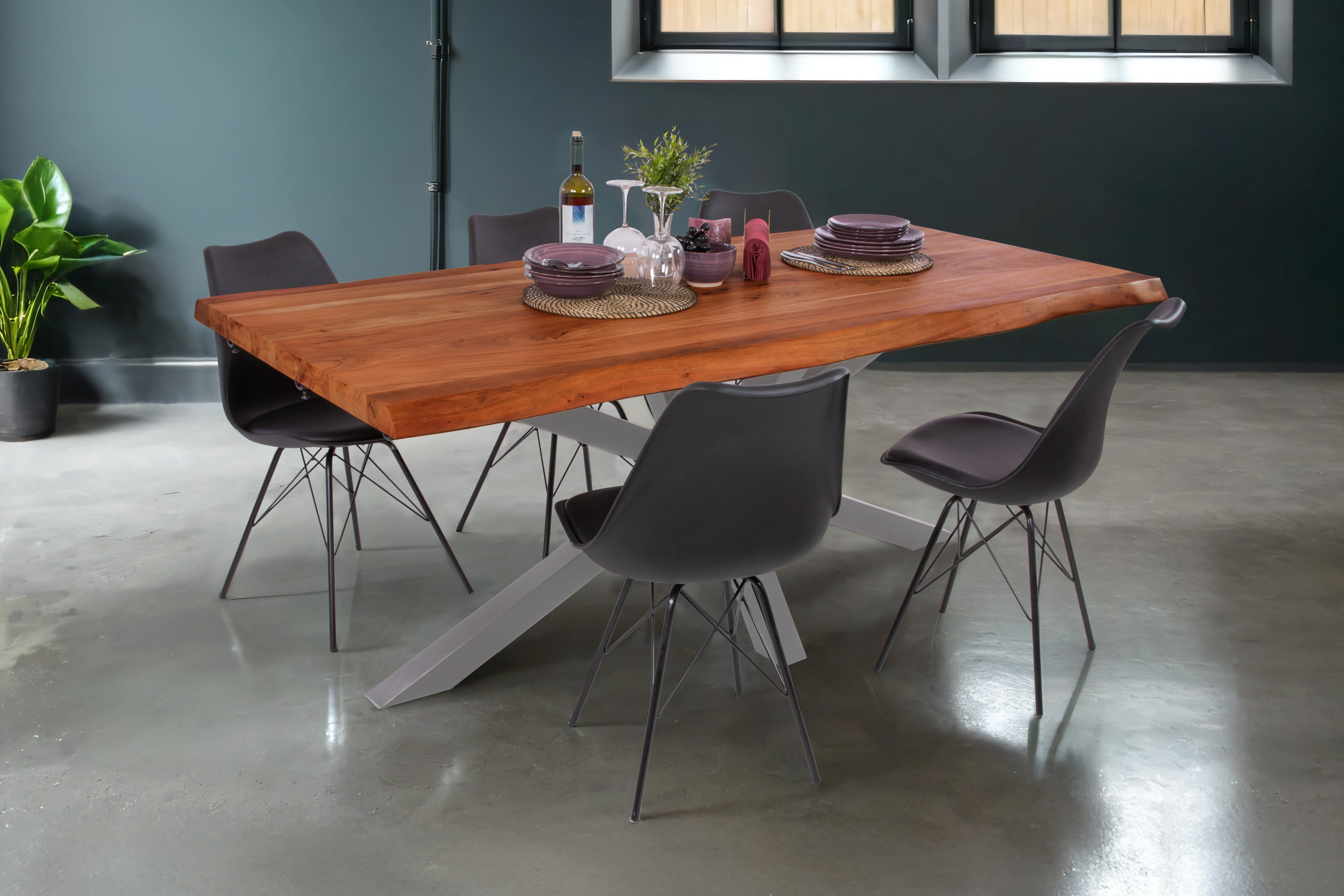 Esstisch Baumkante Akazie nuss 220 (320) x 100 Spider-Gestell silber mit Ansteckplatten CALI