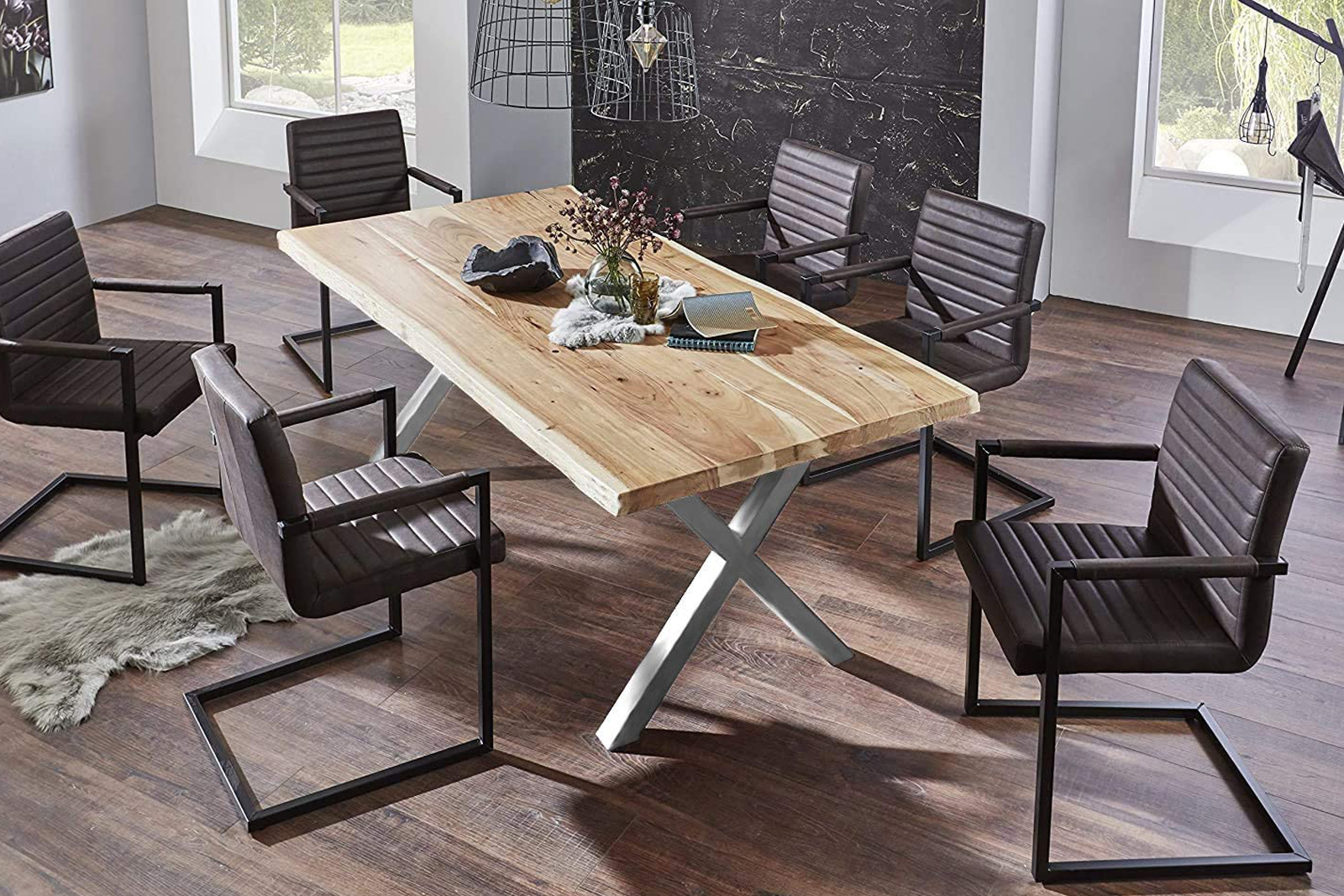  Esstisch Baumkante massiv Akazie natur 220 x 100 silber X-Gestell XEREZ
