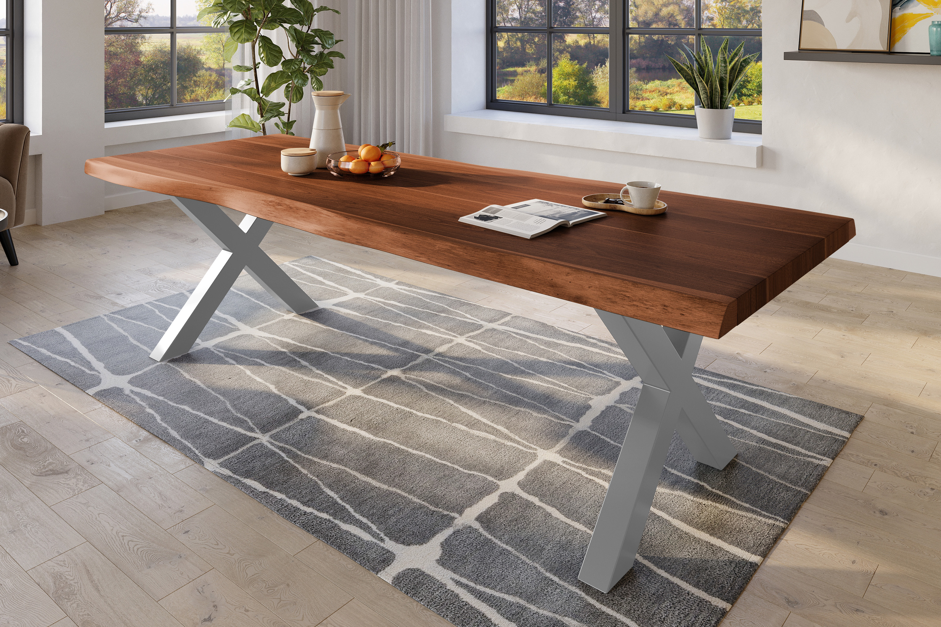 Esstisch Baumkante massiv Akazie nussbaumfarben 280 x 120 X-Gestell Metall silber TITAN