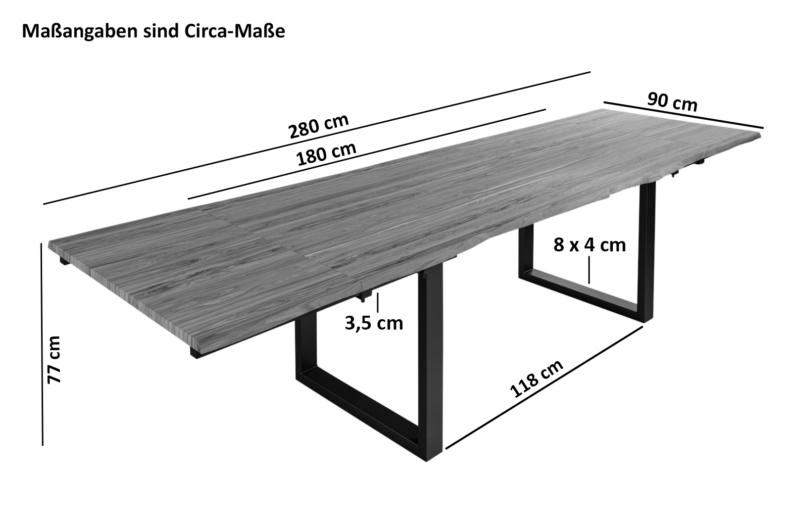  Esstisch Baumkante Akazie stone 180 (280) x 90 mit Ansteckplatten BARCELONA