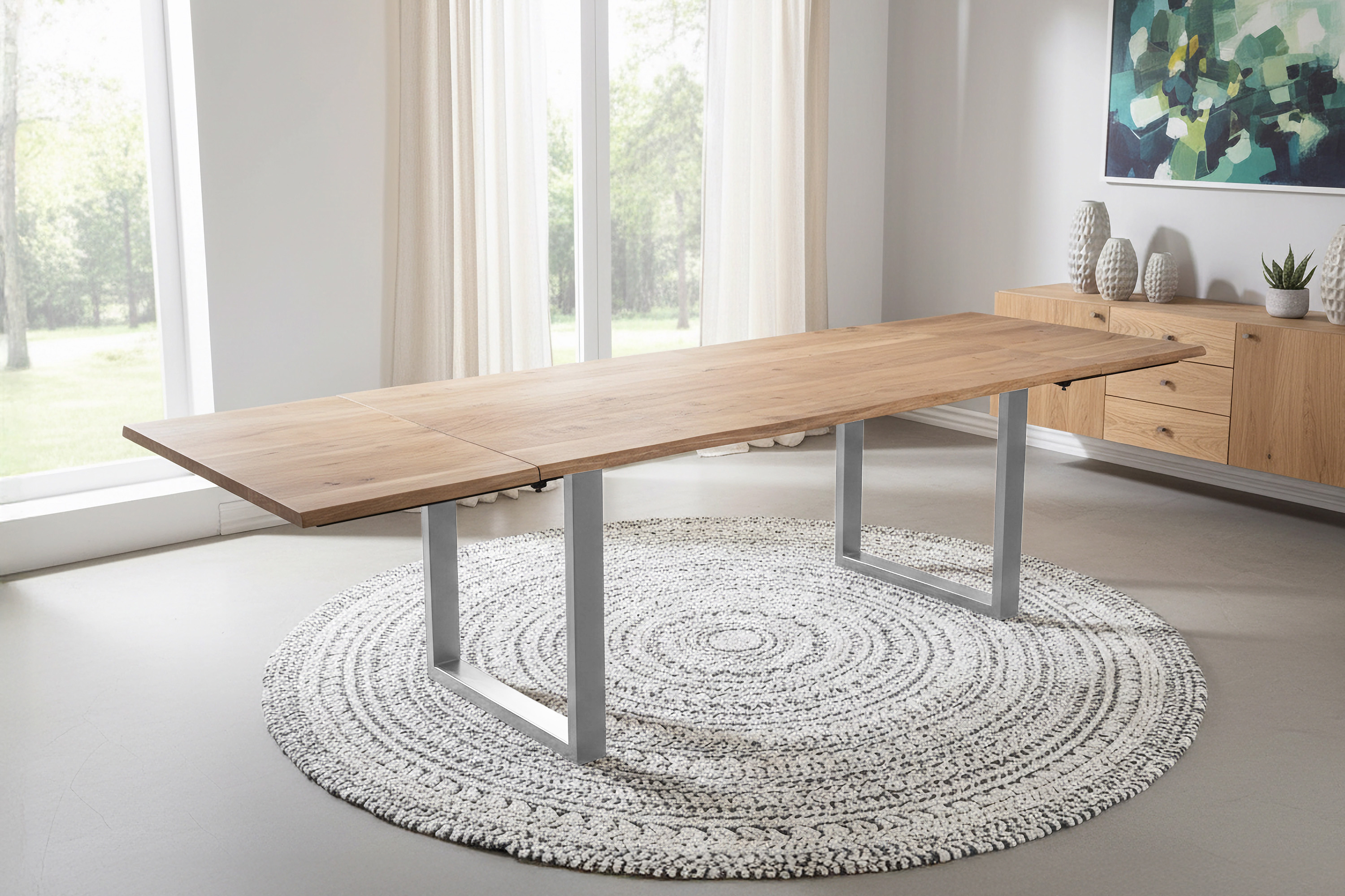 Esstisch Baumkante Akazie natur 180(280)x90 Ansteckplatten U-Gestell silber AVINO