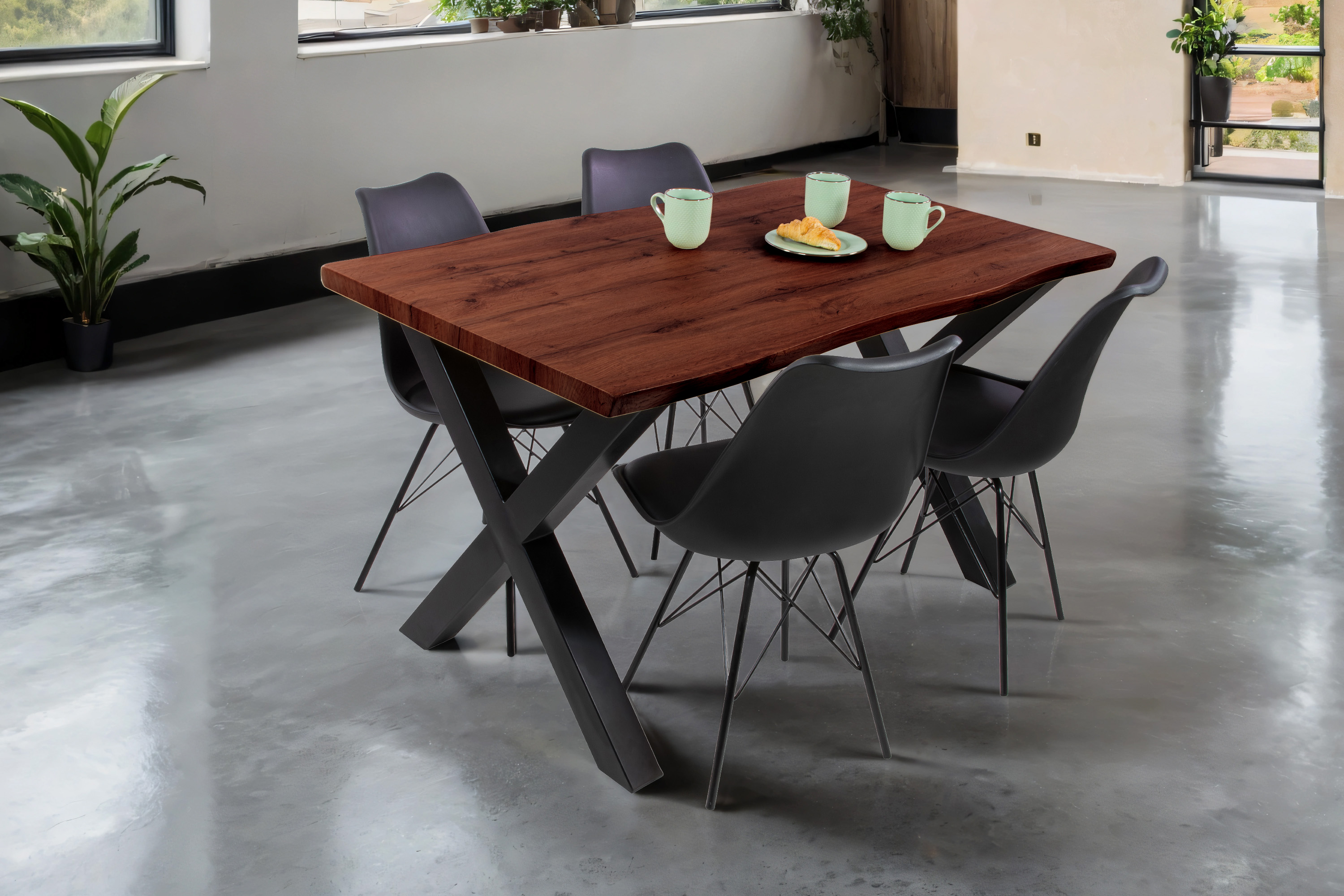 Esstisch Baumkante Holz-Optik Nussbaum 140 x 80 X-Gestell schwarz JOSY