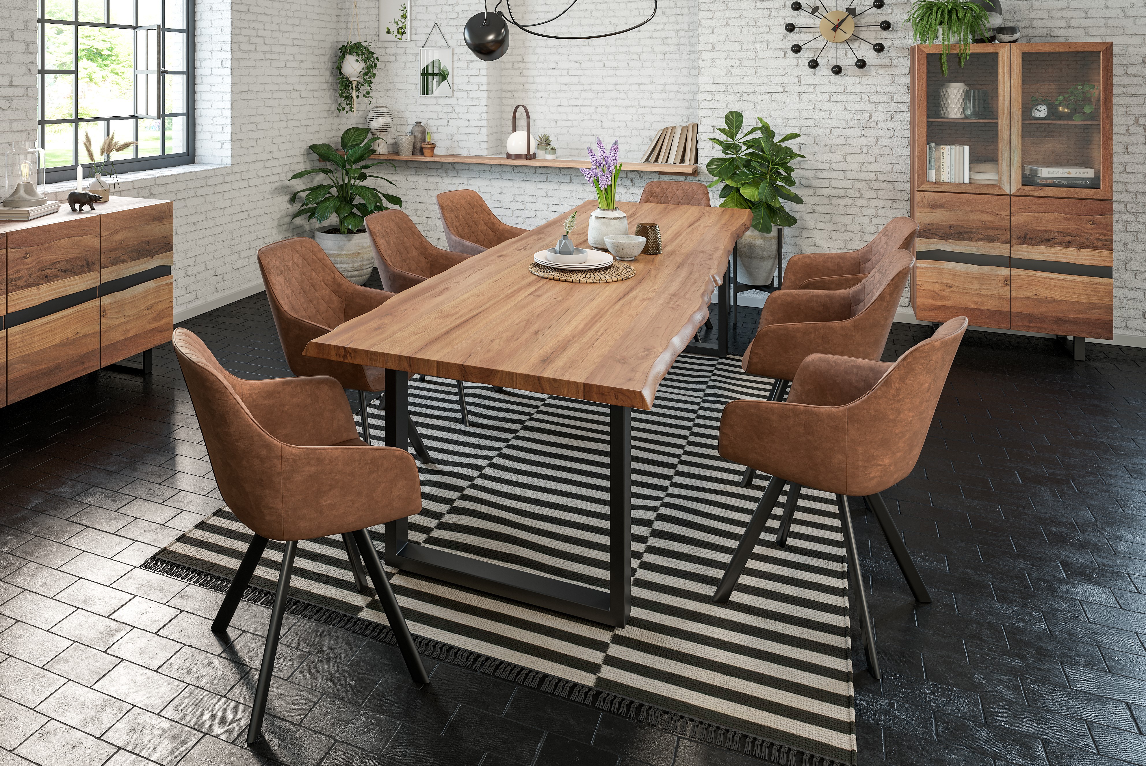 Esstisch Baumkante massiv Akazie natur 320 x 100 U-Gestell schwarz LIAM