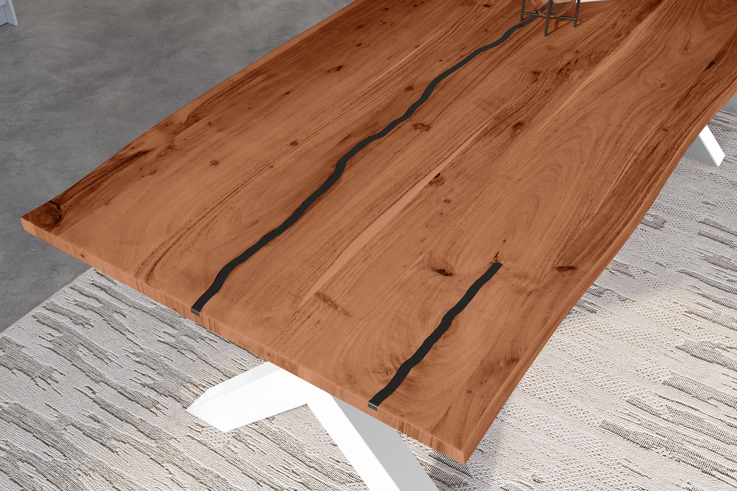 Baumkantentisch Akazie mit schwarzen Resin-Adern nussbaumfarben 300 x 100 cm X-Gestell weiß POLLY