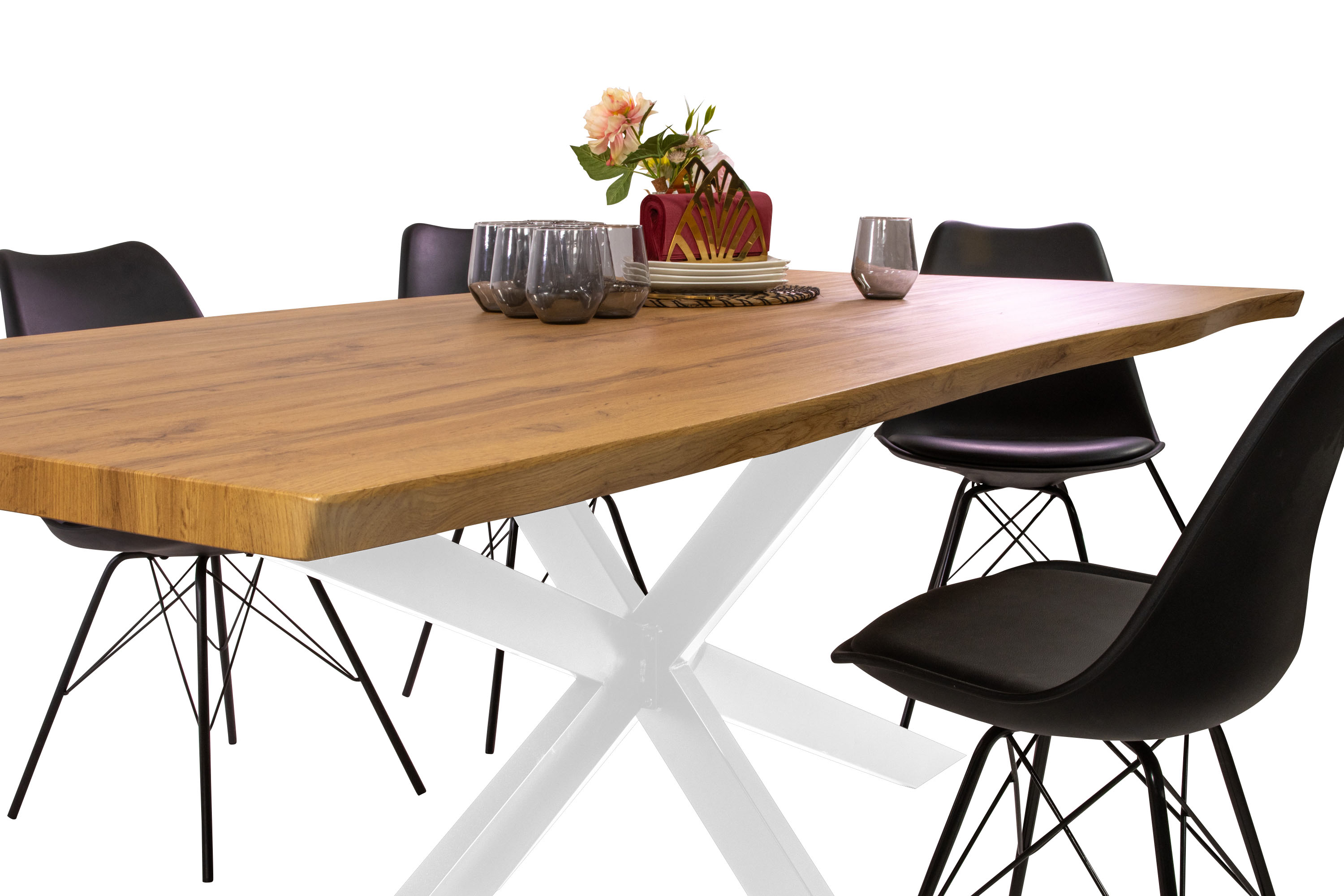 Esstisch Baumkante Holz-Optik Wildeiche 200 x 100 Spider-Gestell weiß JOSY