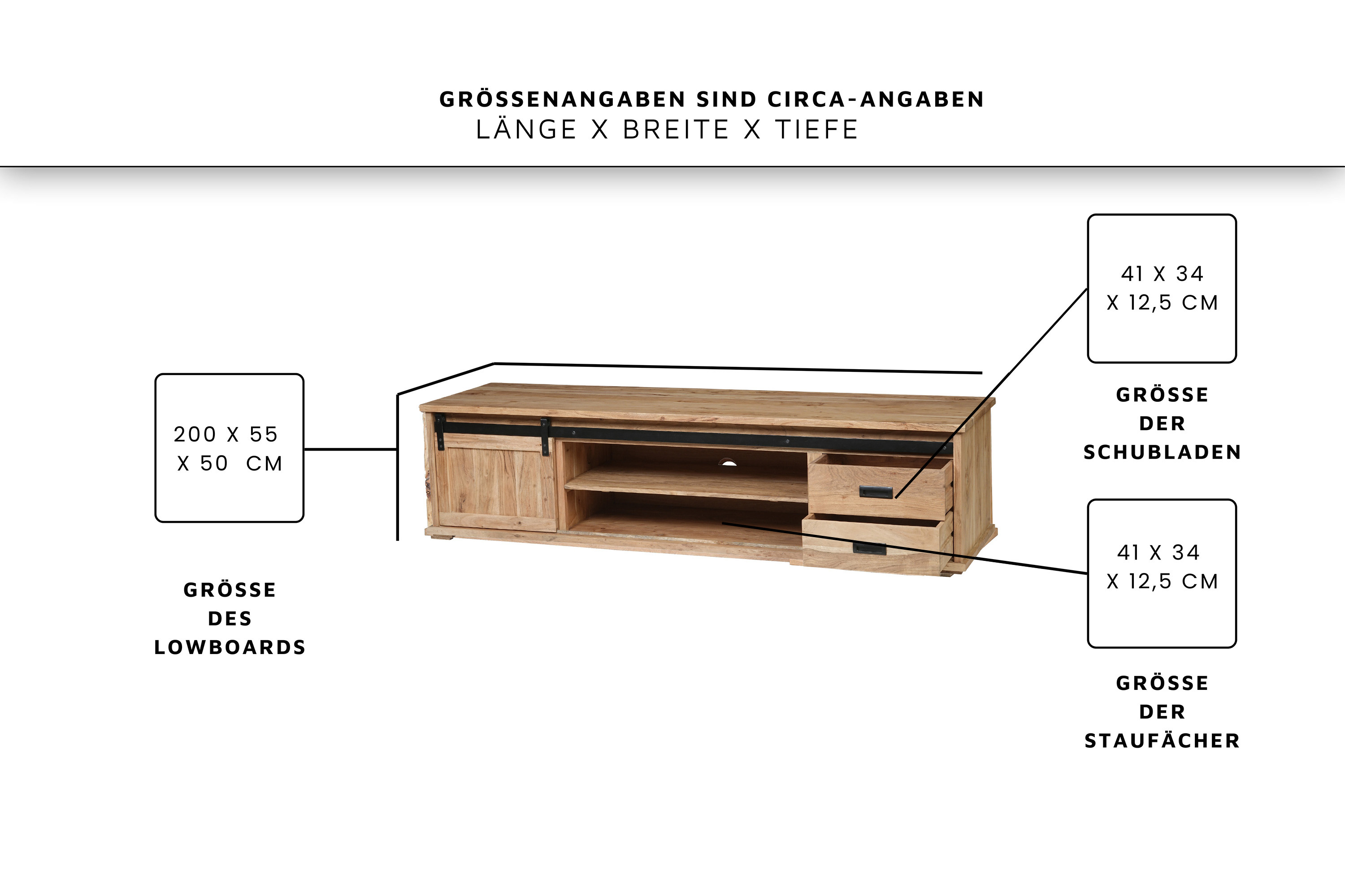 Lowboard 200 x 55 x 50 cm Akazienholz massiv naturfarben ohne Baumkante LIAN 2