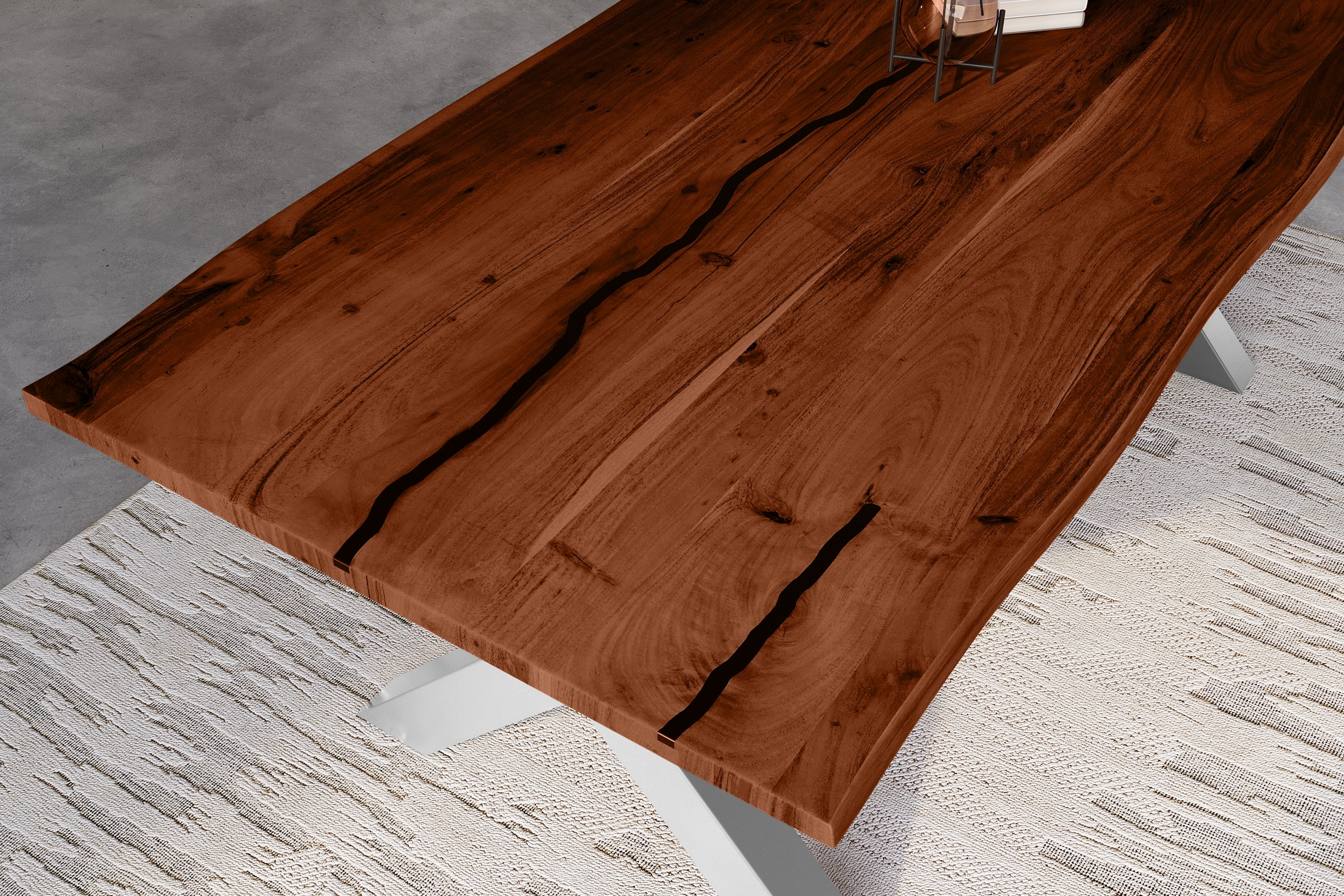 Baumkantentisch Akazie mit schwarzen Resin-Adern nussbaumfarben 220 x 100 cm X-Gestell silber POLLY
