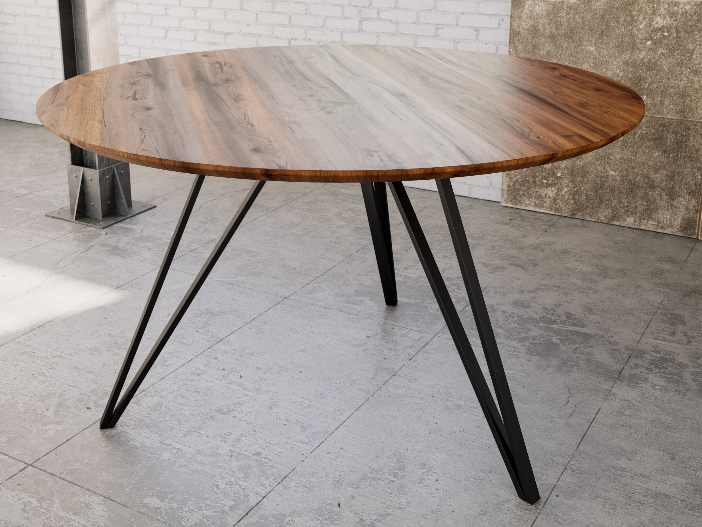  Runder Esszimmertisch Akazie nussbaum Schweizer Kante 130 cm Metallfuß INSA