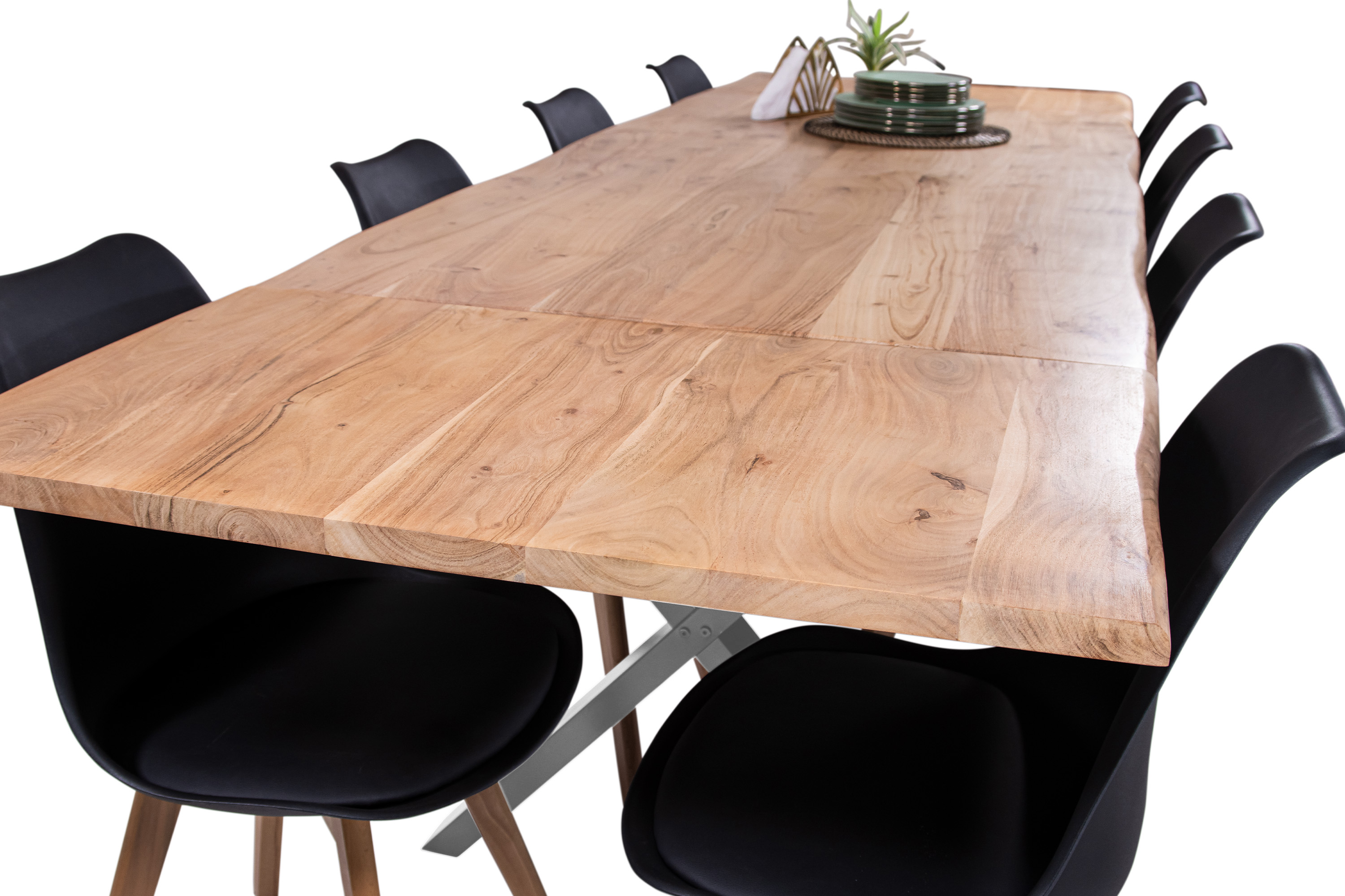 Esstisch Baumkante Akazie natur 180(280)x90 Ansteckplatten X-Gestell silber AVINO