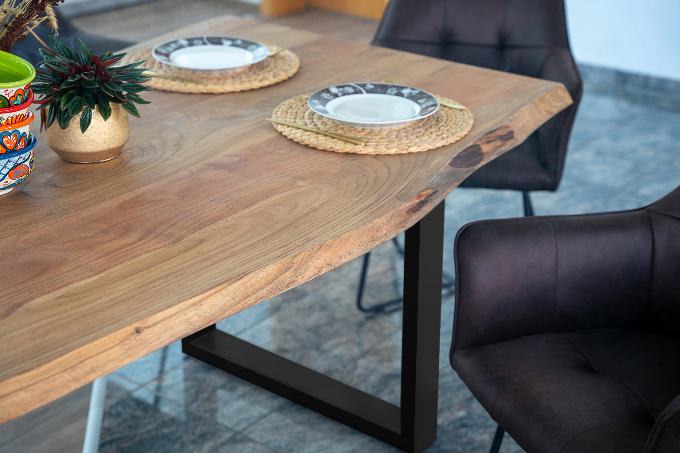  Esstisch Baumkante Akazie stone 200 (300) x 100 mit Ansteckplatten BARCELONA