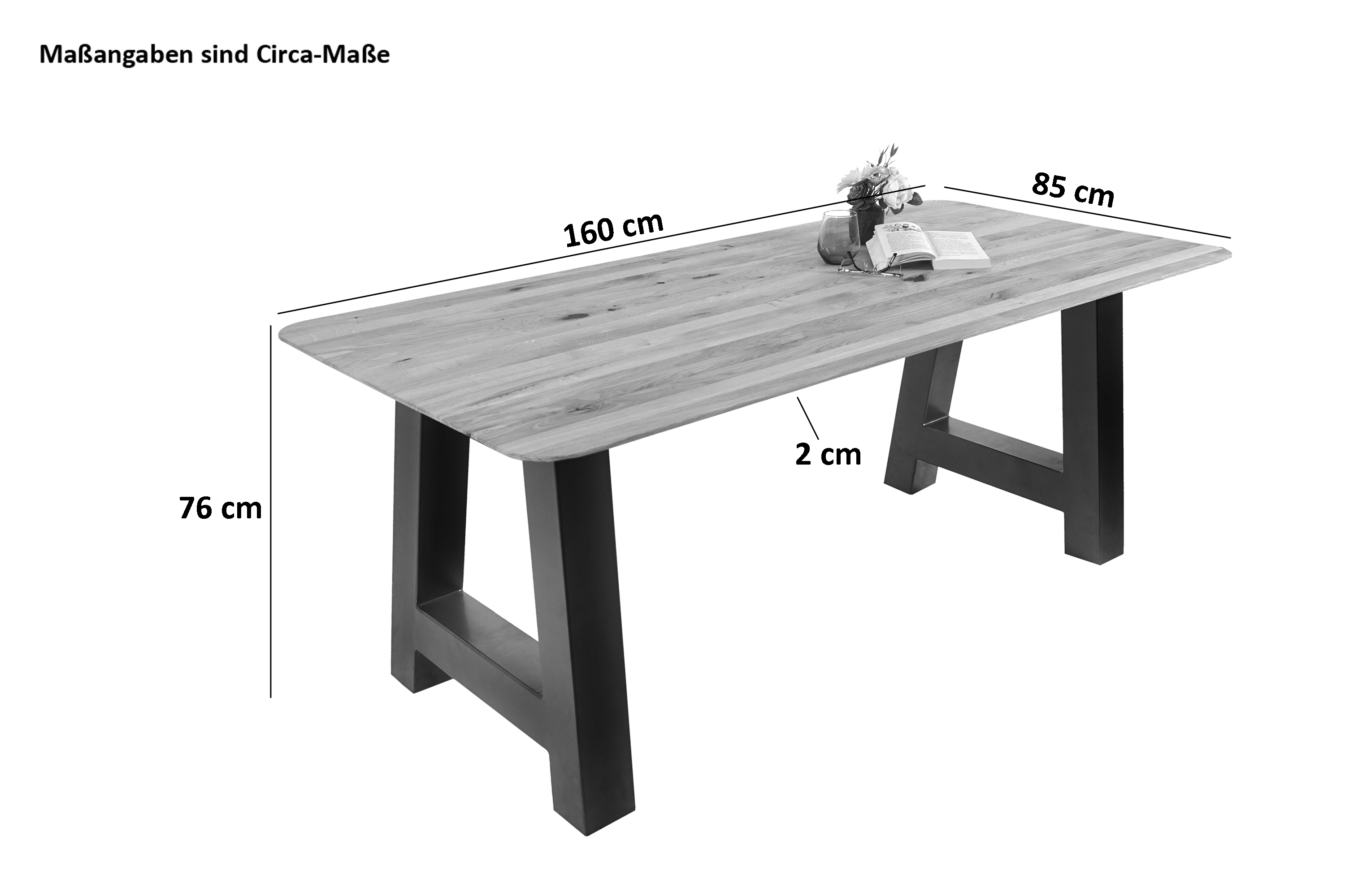 Esszimmertisch Schweizer Kante rund massiv & geölt Eiche 160x85 silber A-Gestell Lotte