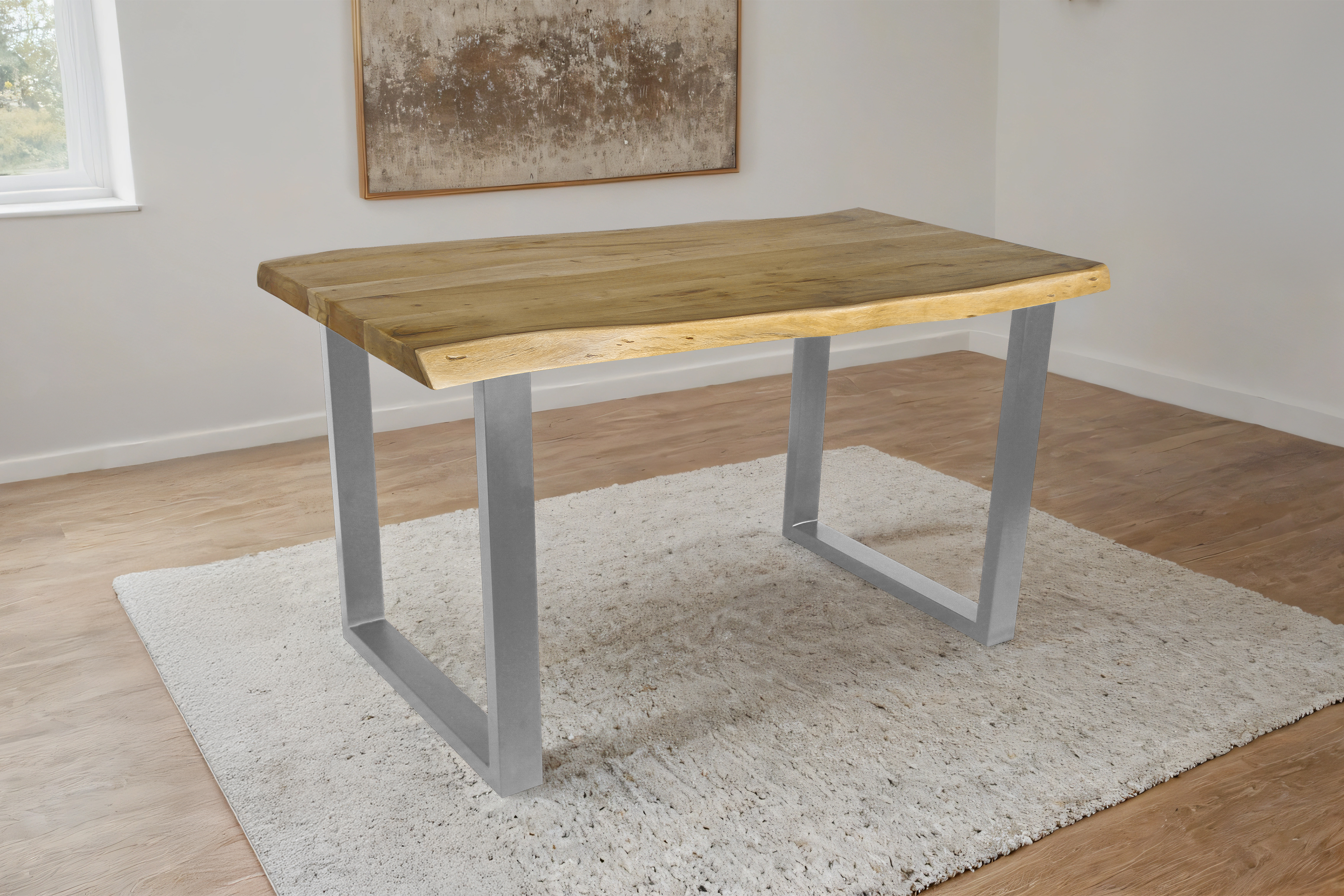 Esstisch Baumkante Akazie massiv eichenfarben 160 x 85 U-Gestell silber CALI