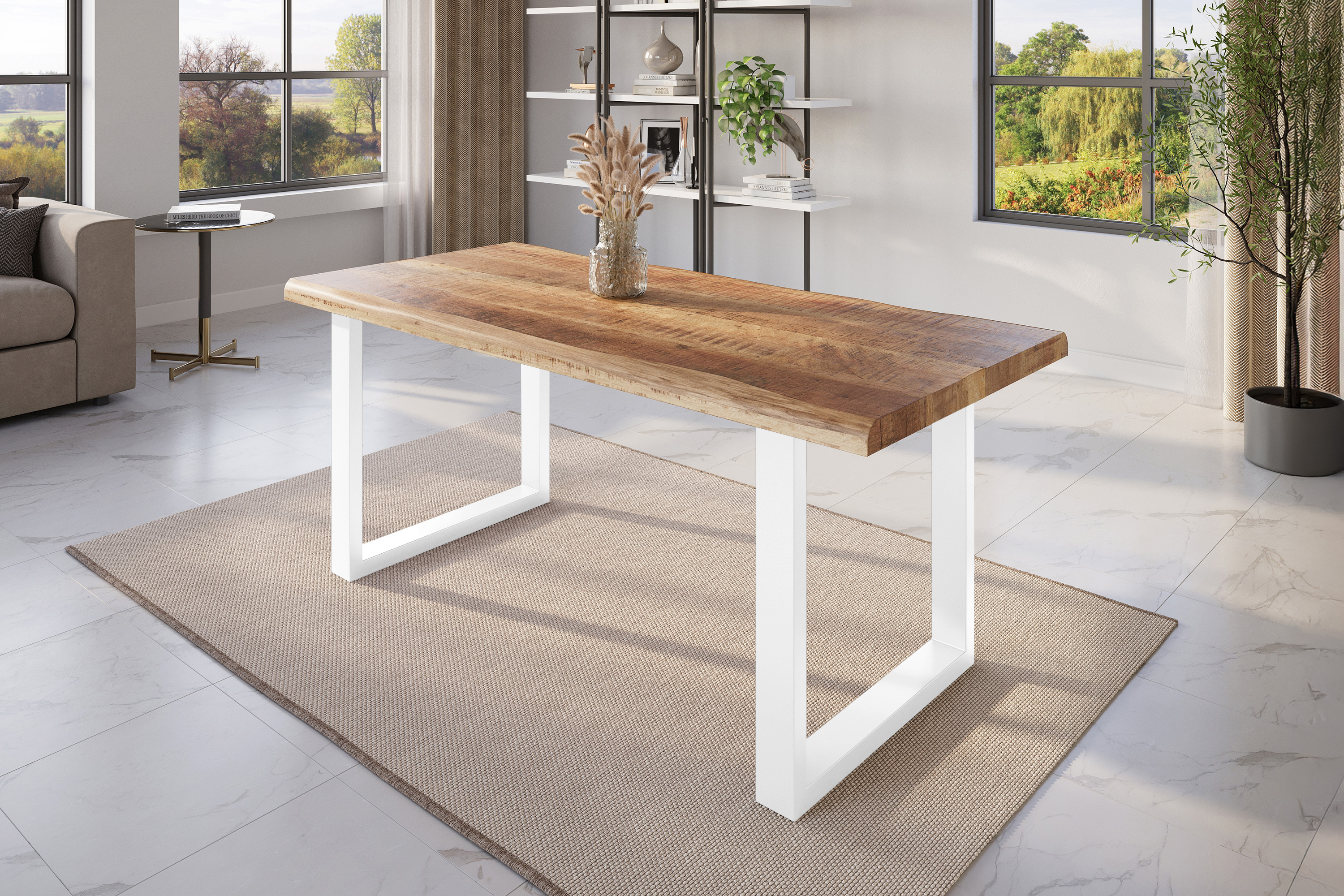 Esstisch Baumkante massiv Mango rough 180 x 90 U-Gestell weiß ATLAS