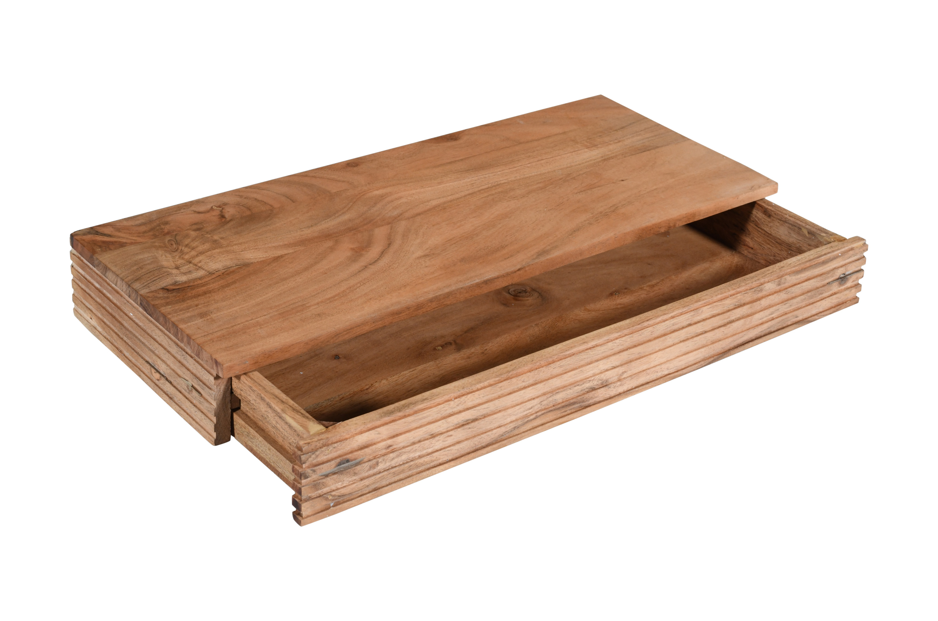Steckboard mit Baumkante Schubladenregal Akazie massiv natur gerillt 60 x 25 x 8 cm LEONA