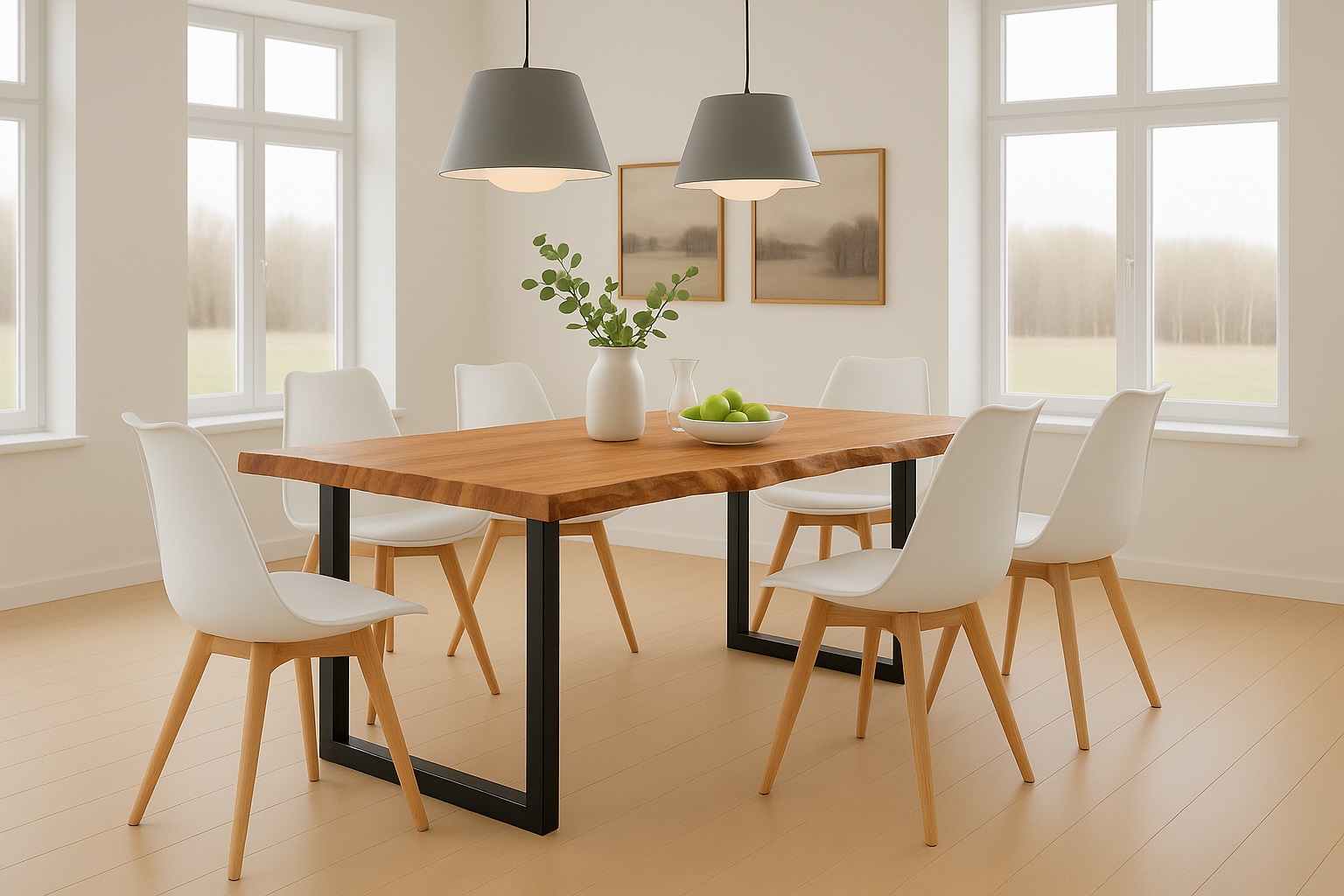 Essgruppe Baumkante massiv 220 x 100 cm Akazie naturfarben U-Gestell schwarz & 6 Stühle weiß QUINN
