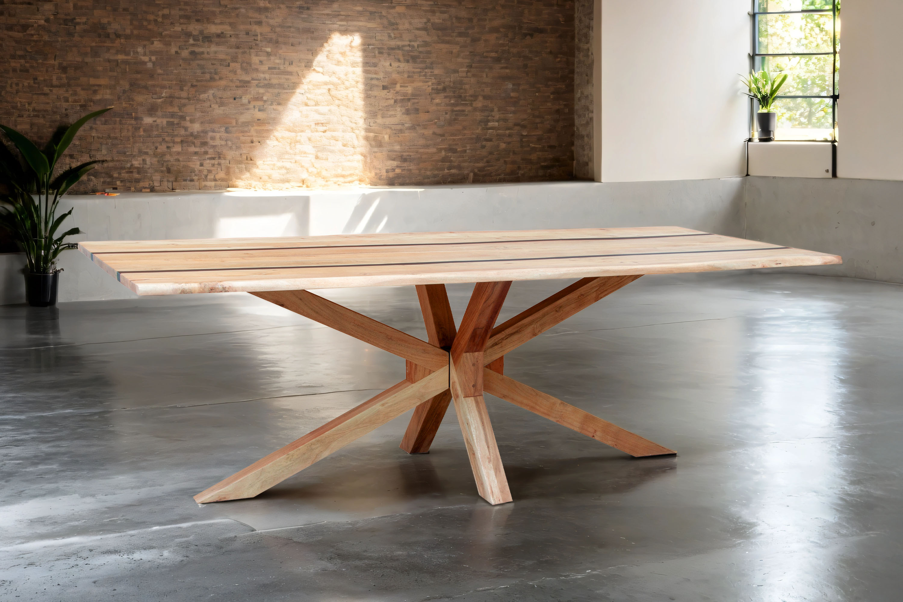 Esstisch 220 x 100 cm Akazie massiv natur mit schwarzen Resin-Adern Spider-Gestell Holz natur PETER
