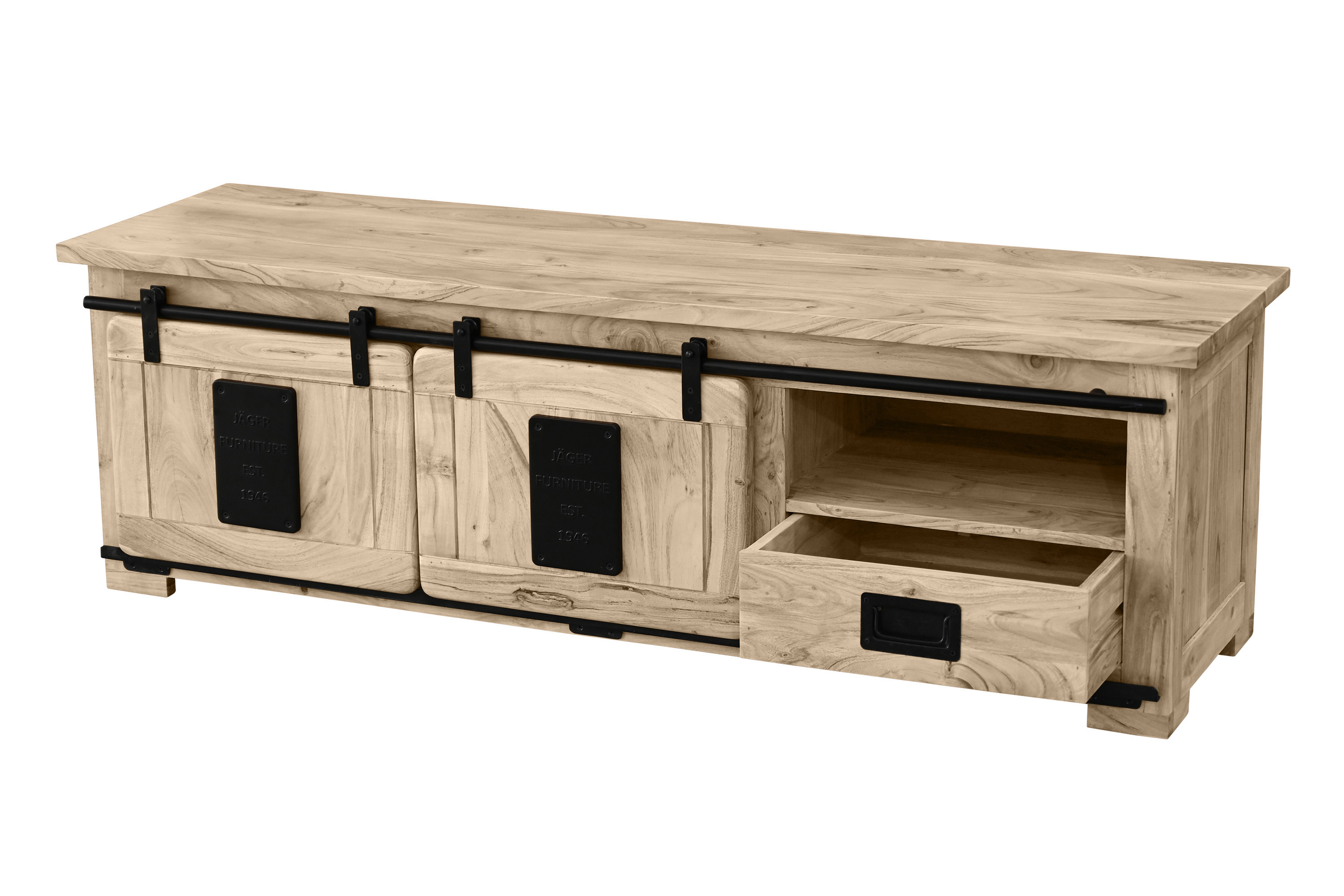Lowboard Kommode TV-Board mit Schiebetüren, Schubfach & 3 Fächern Akazie massiv eiche 160 x 45 x 50 cm LIBRO