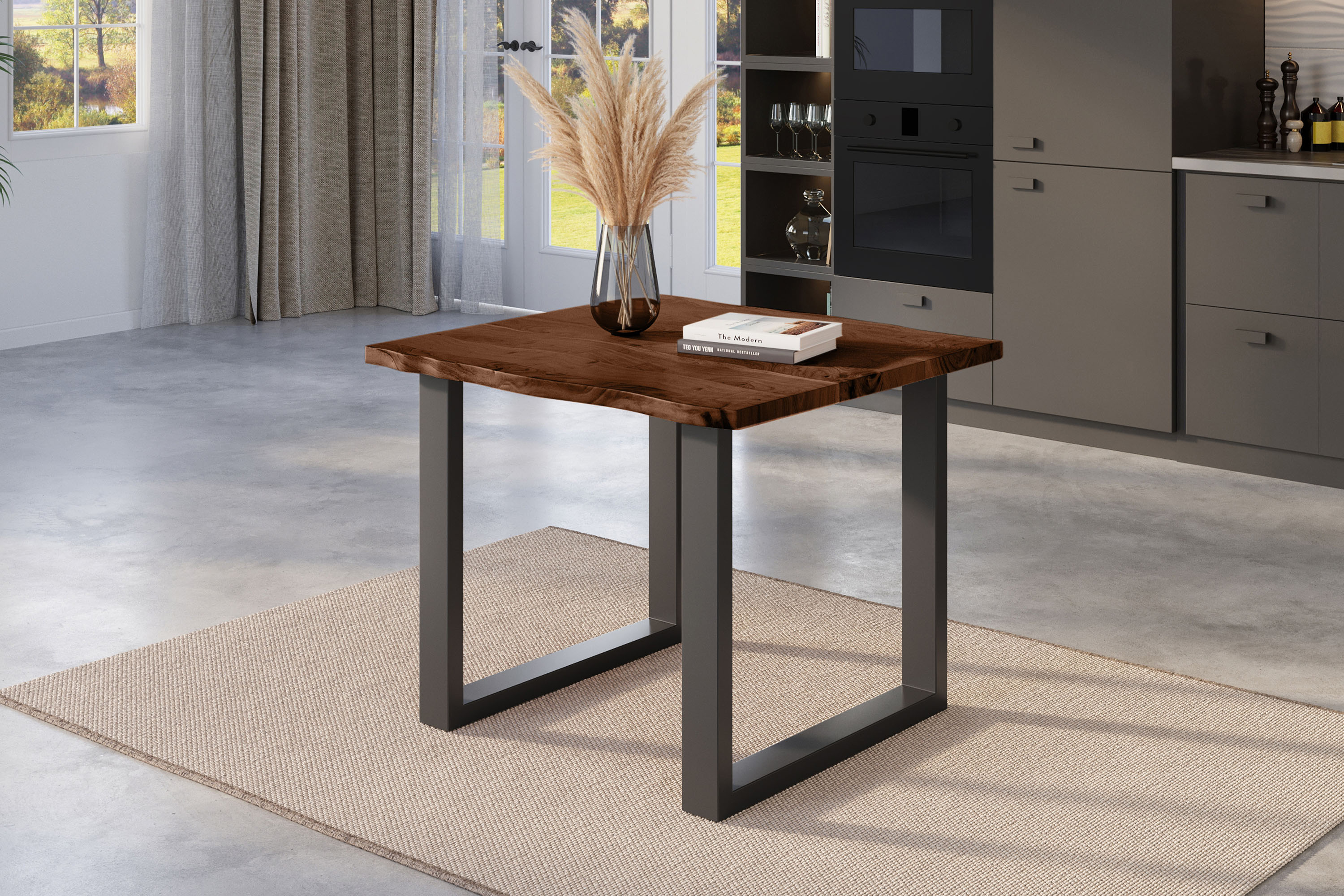 Esstisch Baumkante massiv Akazie nussbaumfarben 80 x 80 U-Gestell schwarz NICK