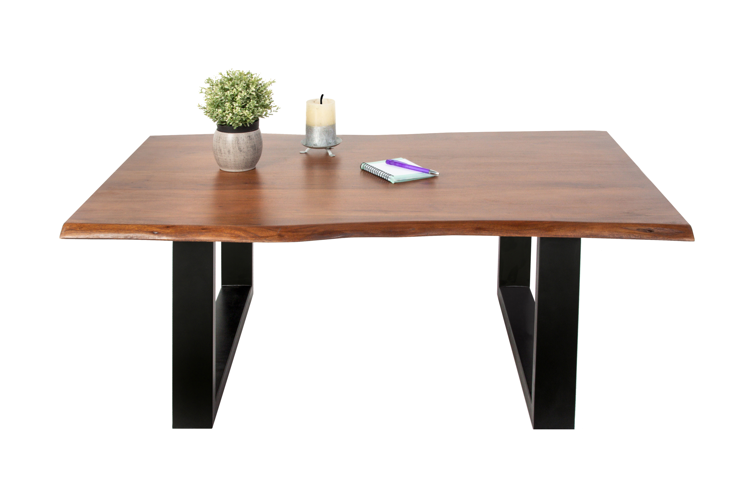 Couchtisch Baumkante massiv Akazie Nussbaum 140 x 75 cm U-Gestell schwarz INSA
