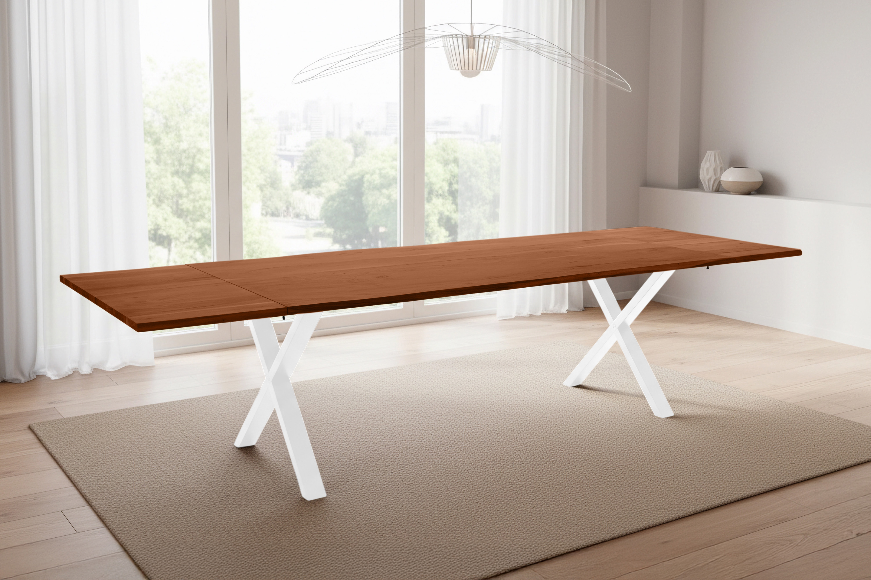 Esstisch Baumkante Akazie nuss 200(300)x100 Ansteckplatten X-Gestell weiß AVINO