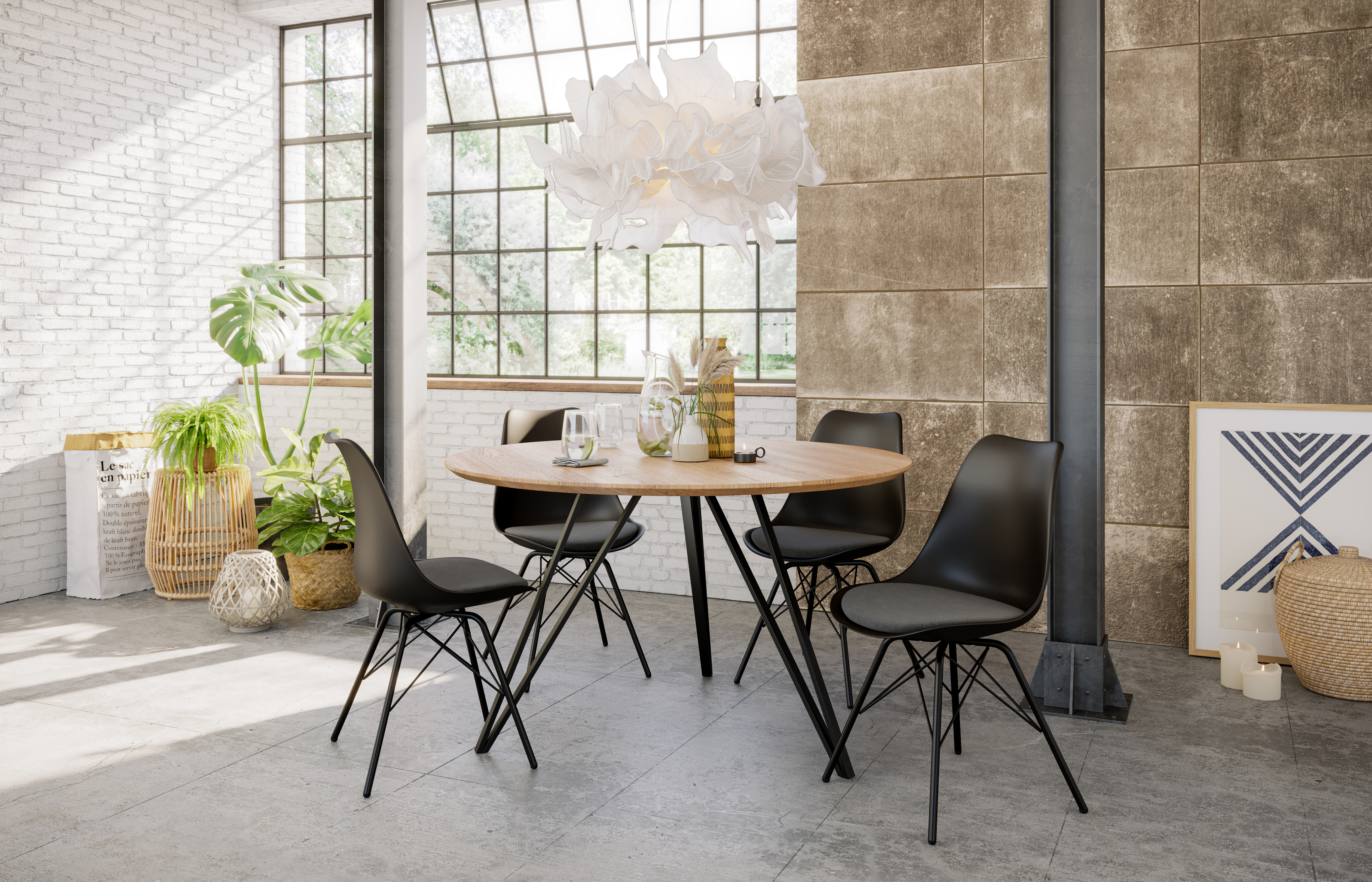  Runder Esszimmertisch massiv Eiche Schweizer Kante 100 cm Hairpin schwarz DREAM