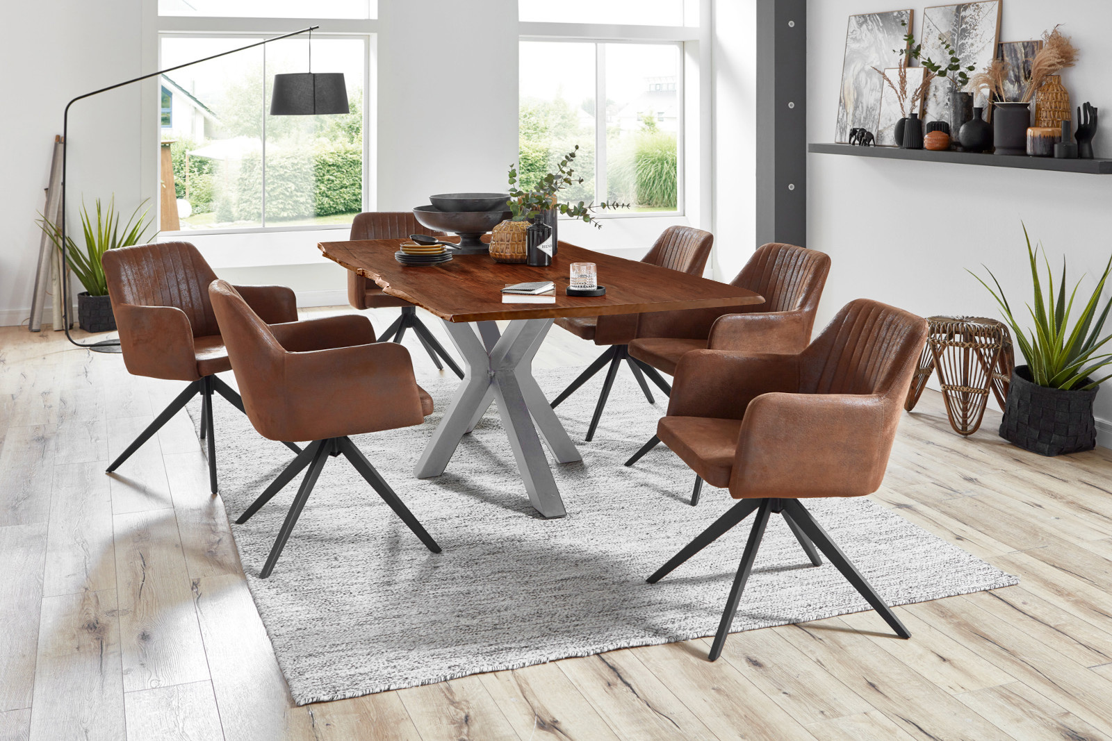  Esstisch Baumkante massiv Akazie nussbaum 120 cm Spider-Gestell silber QUINCY
