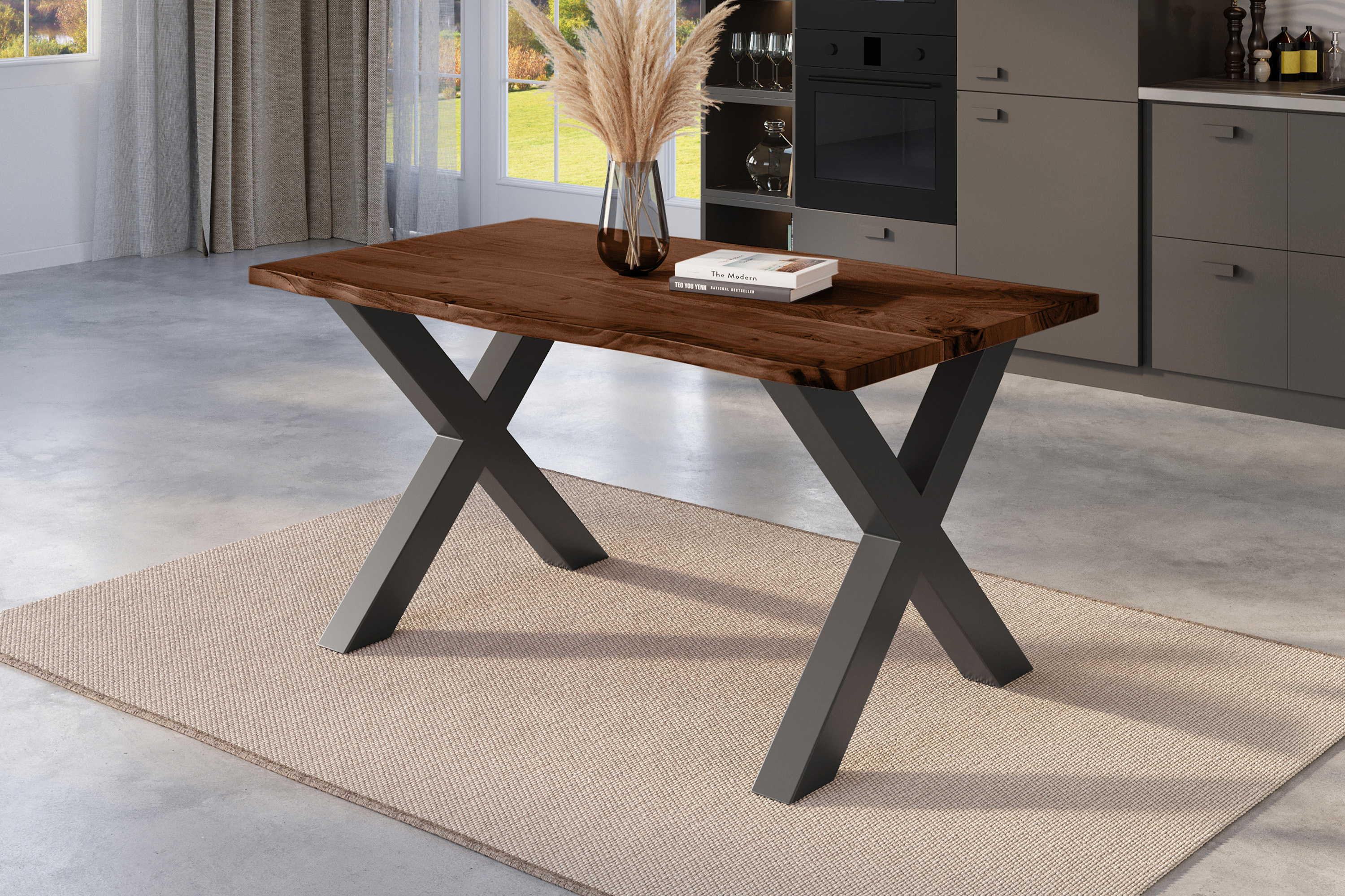 Esstisch Baumkante massiv Akazie nussbaum 140 x 80 schwarz X-Gestell NICK