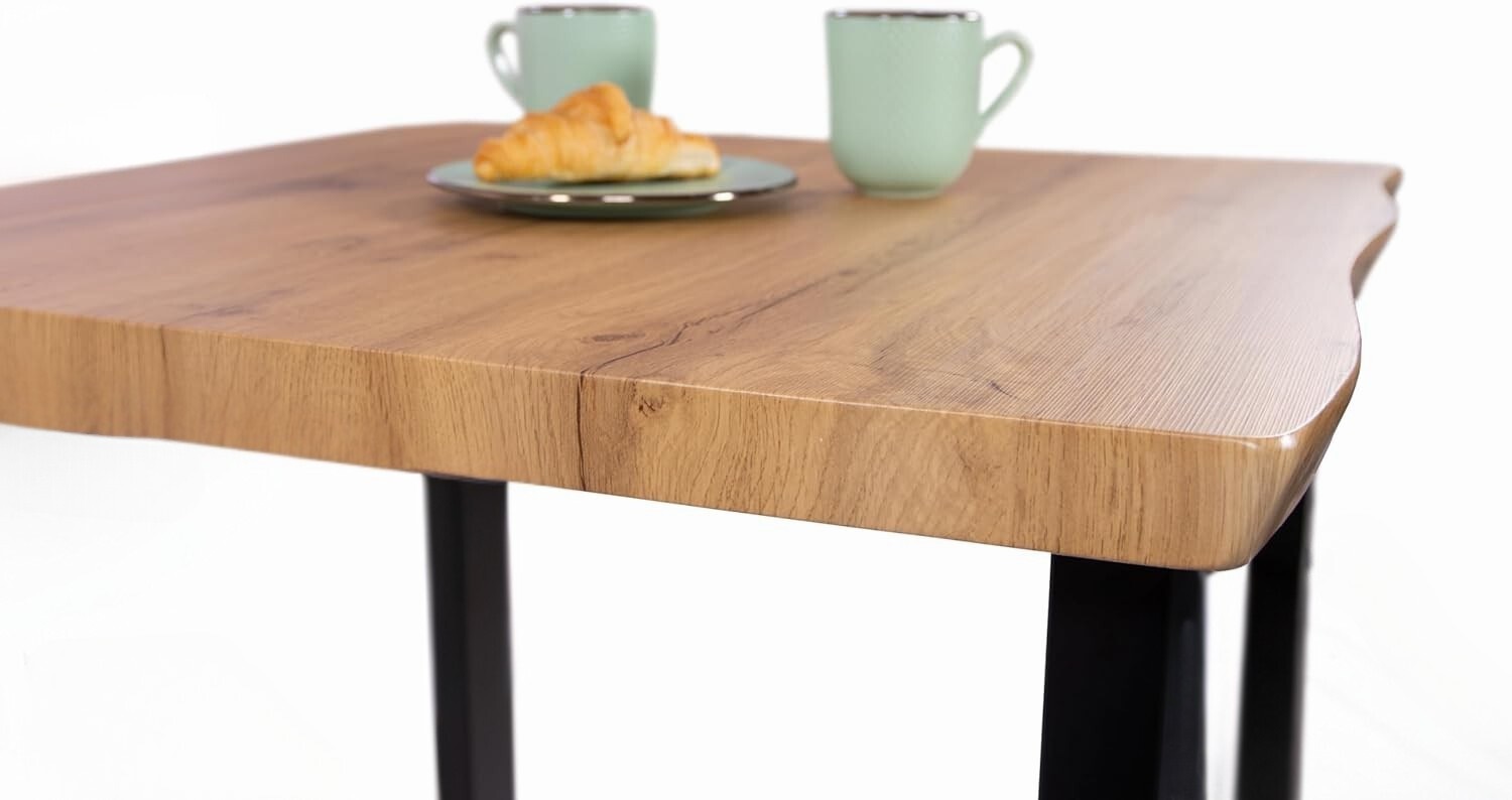 Essgruppe Baumkante massiv 80 x 80 cm Holz Wildeiche-Optik U-Gestell schwarz & 2 Stühle grau JOSY