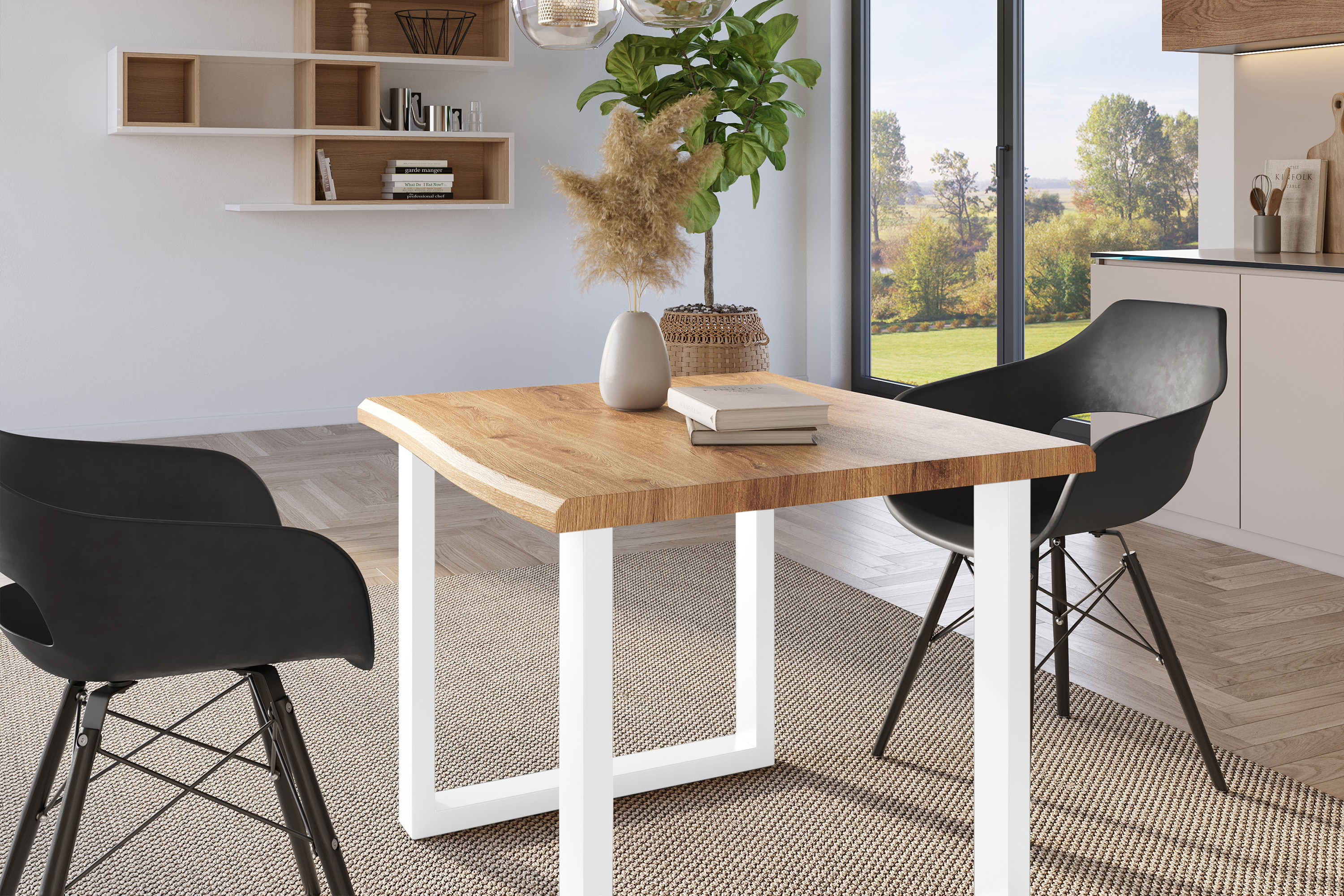 Esstisch Baumkante Holz-Optik Wildeiche 80 x 80 U-Gestell weiß JULIUS