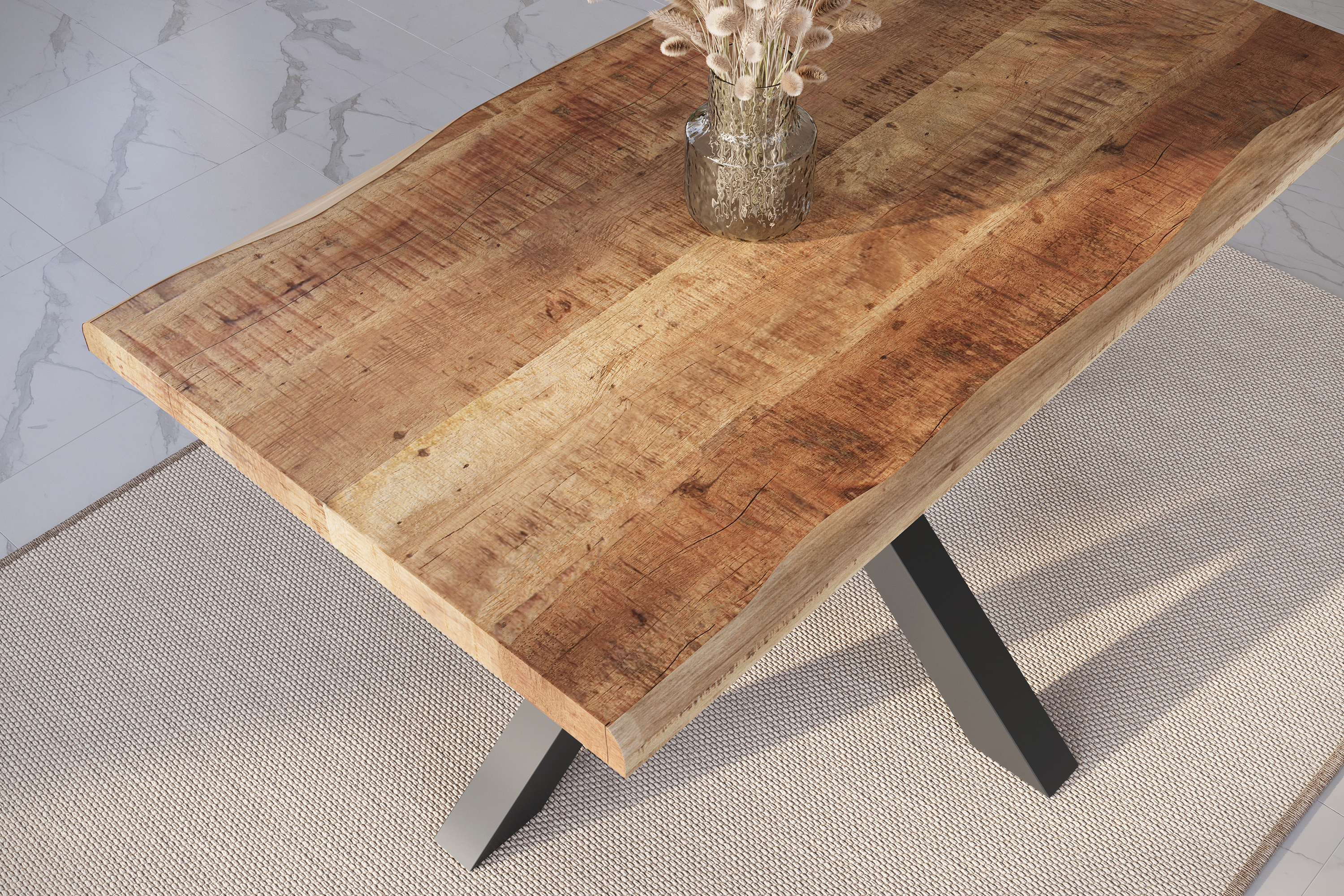 Esstisch Baumkante massiv Mango rough 120 x 80 Spider-Gestell schwarz ATLAS