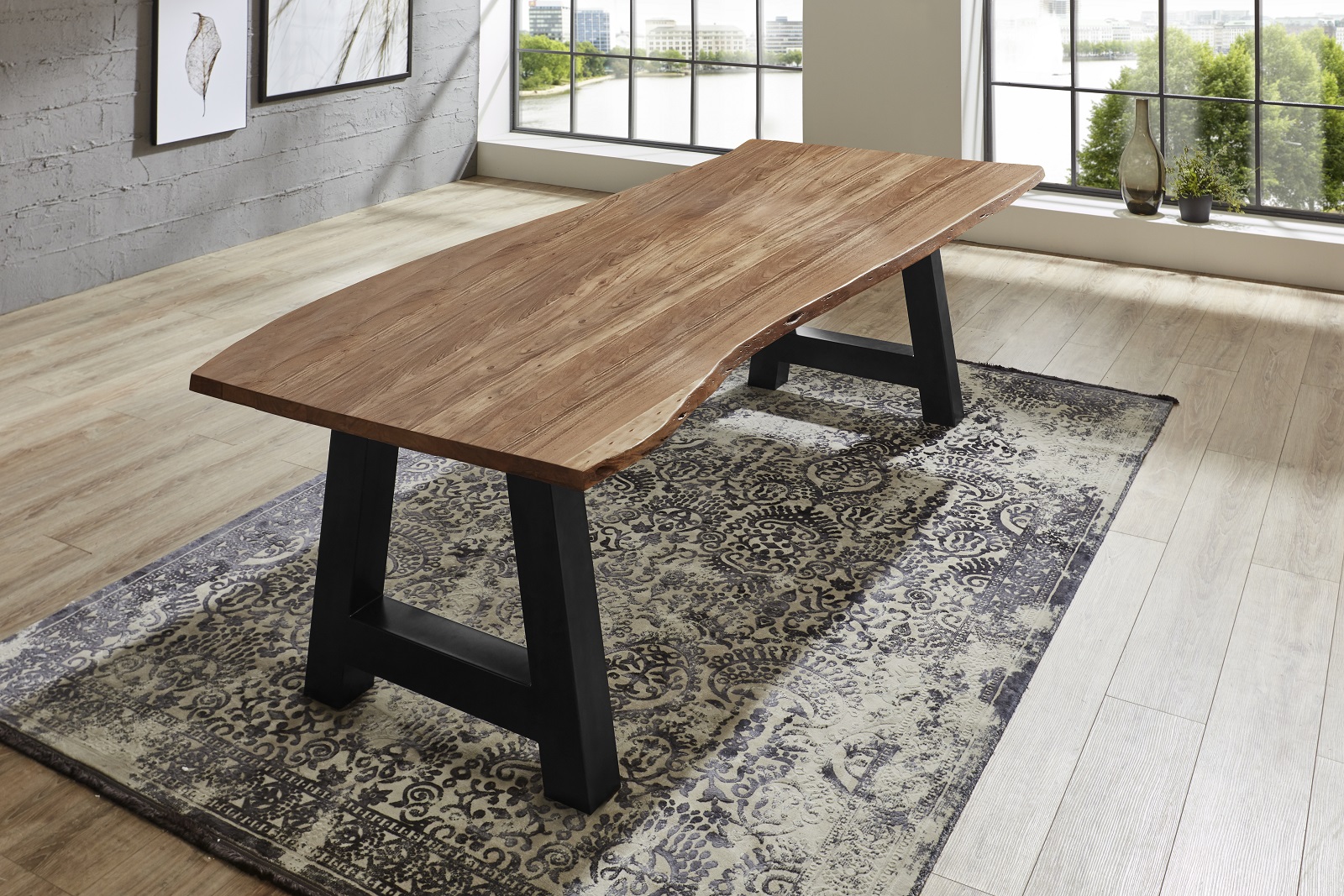  Esstisch Baumkante massiv Akazie Natur 160 x 85 A-Gestell schwarz ATHEN