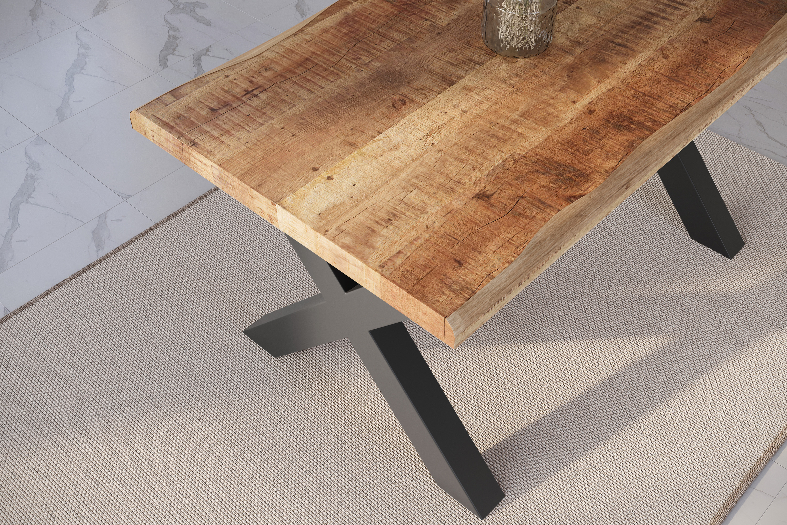 Esstisch Baumkante massiv Mango rough 140 x 80 X-Gestell schwarz ATLAS