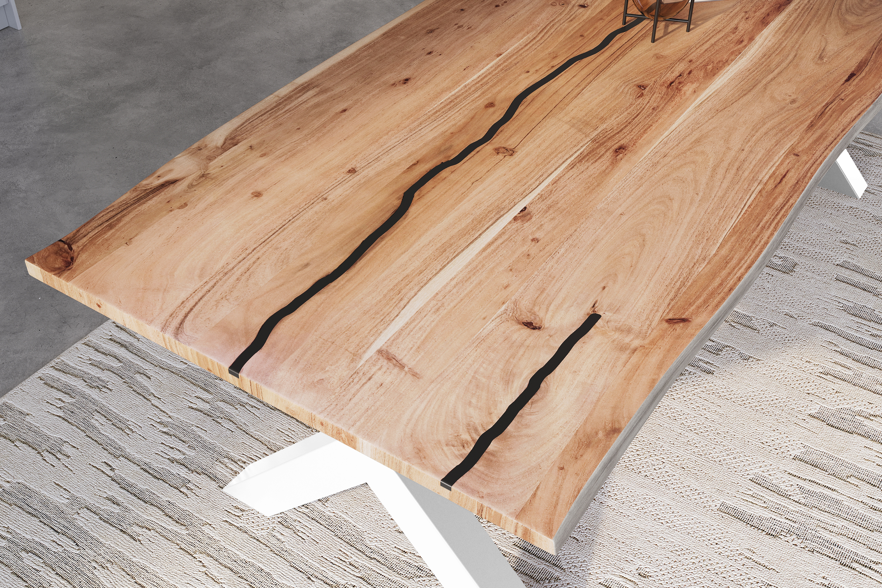 Baumkantentisch Akazie mit schwarzen Resin-Adern naturfarben 260 x 100 cm X-Gestell weiß POLLY